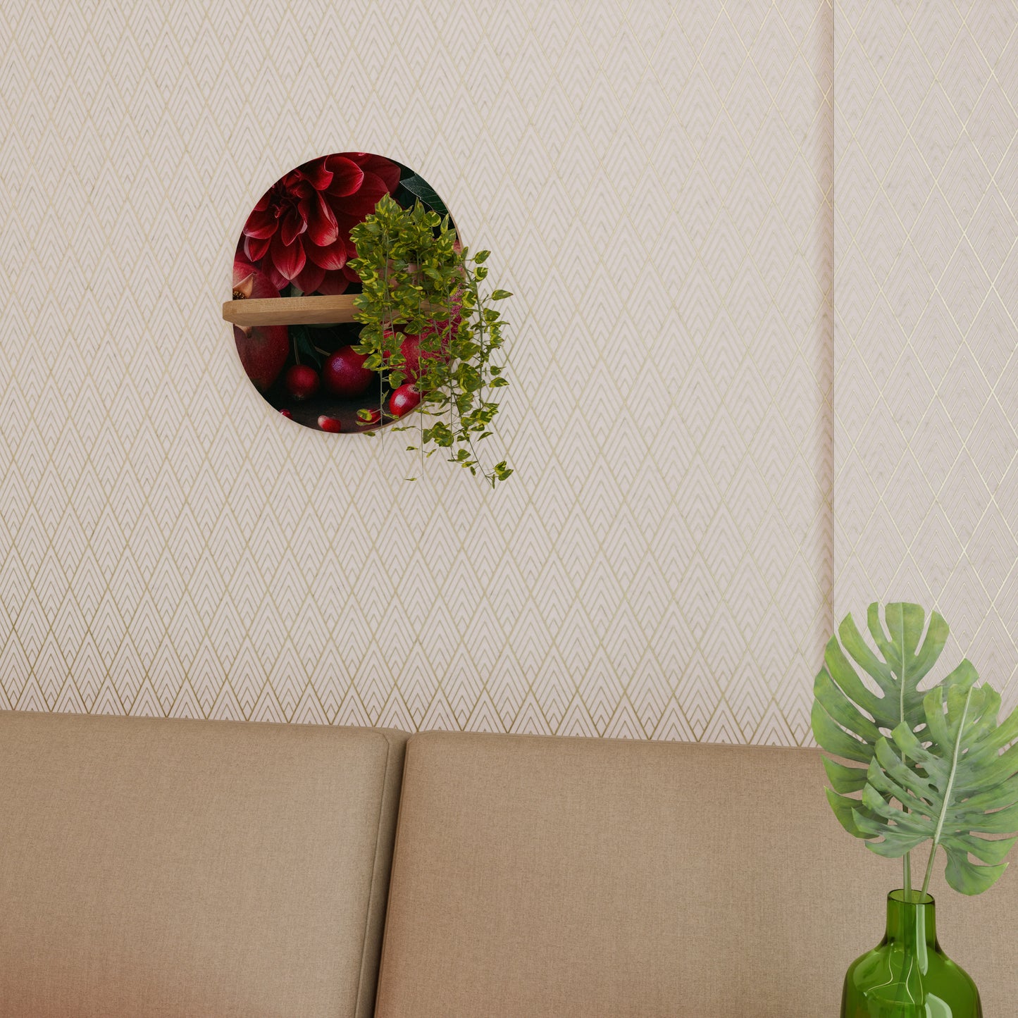 DAHLIAS OCH GRATÄNTEN Oval konsthylla i ekeffekt