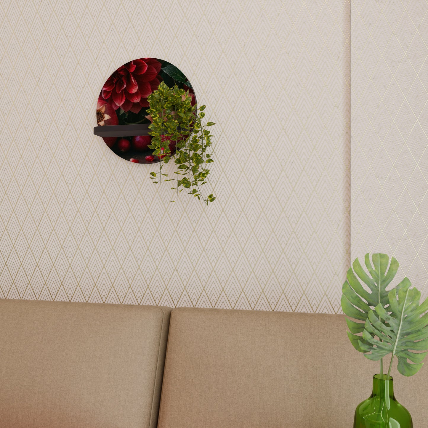 DAHLIAS OCH GRATÄPPLANT Rund konsthylla i svart finish