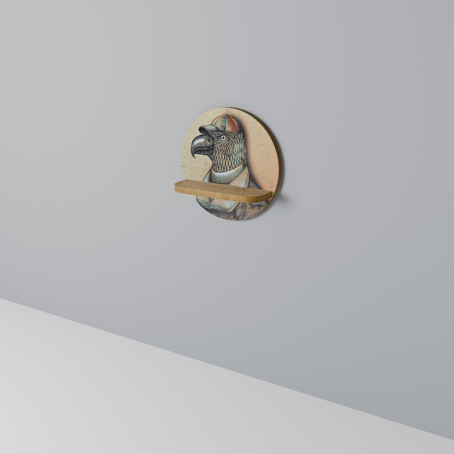 FEATHERED FASHIONISTA Round Art Shelf In Oak Effect