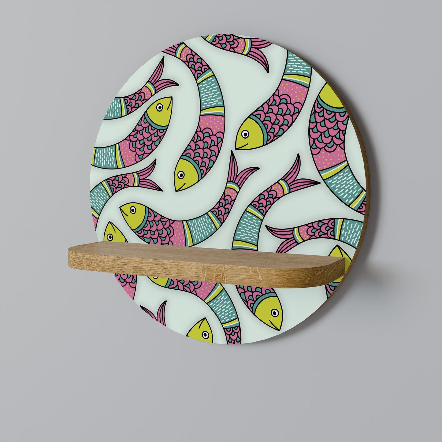 INDIAN FISH Round Art Shelf In Oak Effect