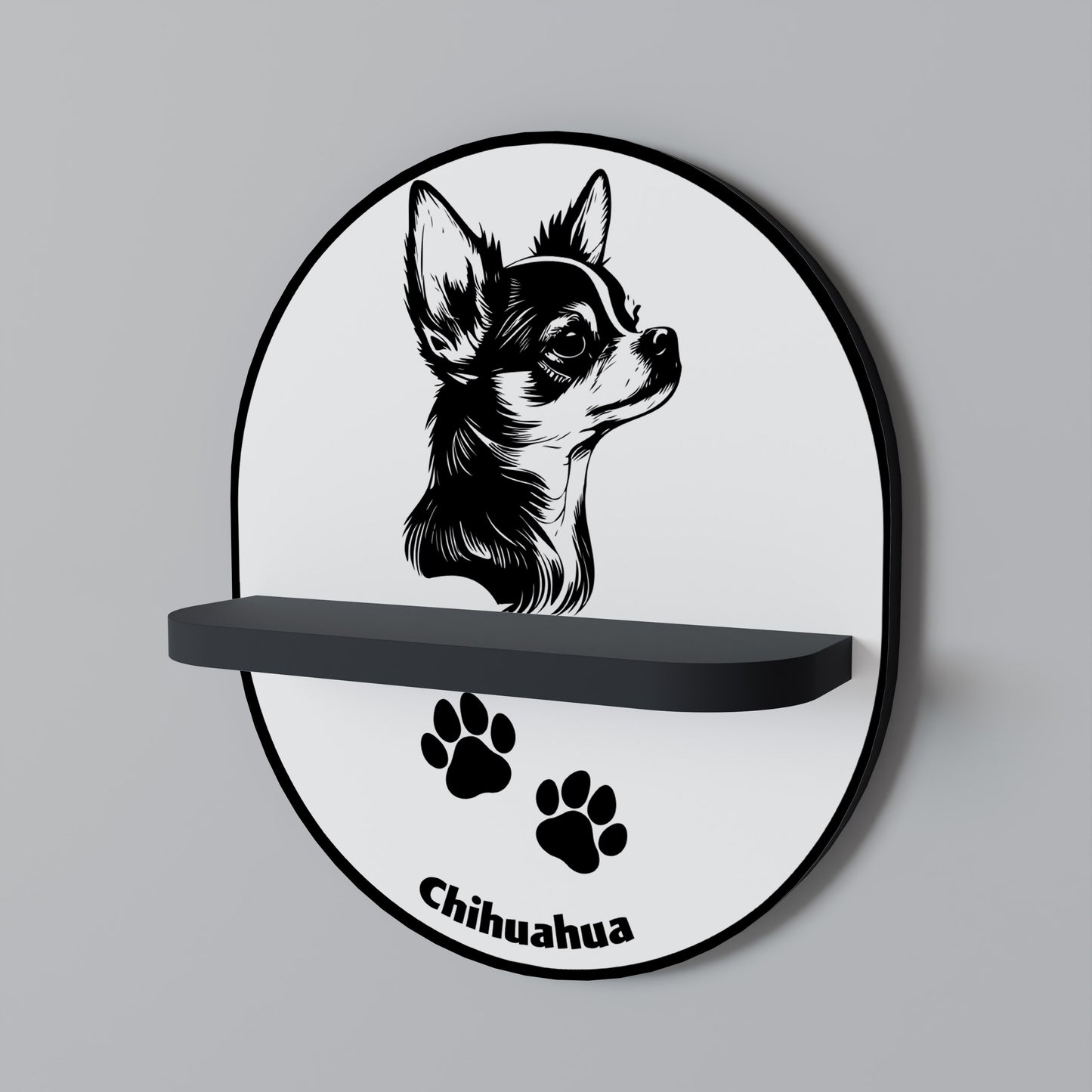 CHIHUAHUA HUND Oval konsthylla i svart finish