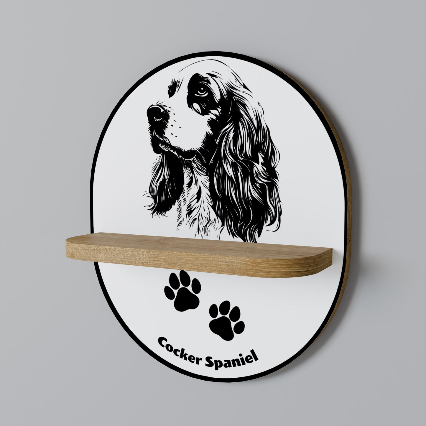 ENGELSK COCKER SPANIEL Oval konsthylla i ekeffekt