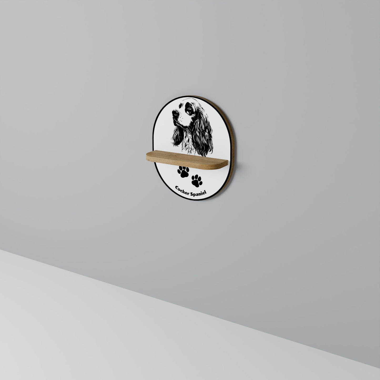 ENGELSK COCKER SPANIEL Oval konsthylla i ekeffekt
