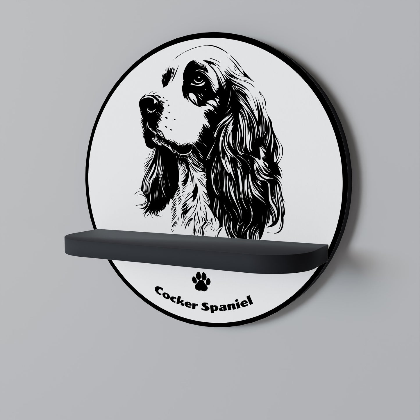 ENGELSK COCKER SPANIEL Rund konsthylla i svart finish