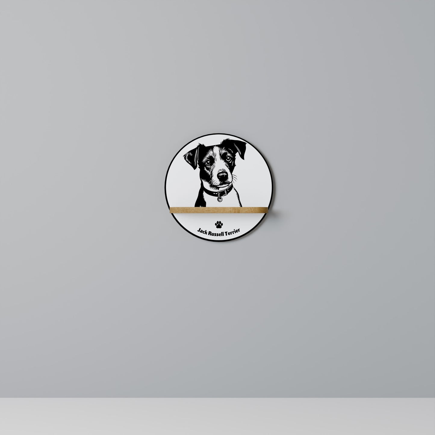 JACK RUSSEL TERRIER Round Art Shelf In Oak Effect