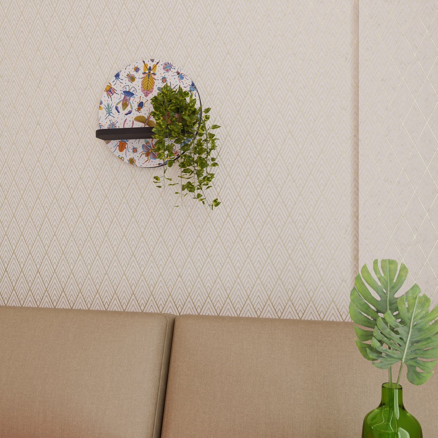 FÄRGRIKA INSEKTER Rund konsthylla i svart finish
