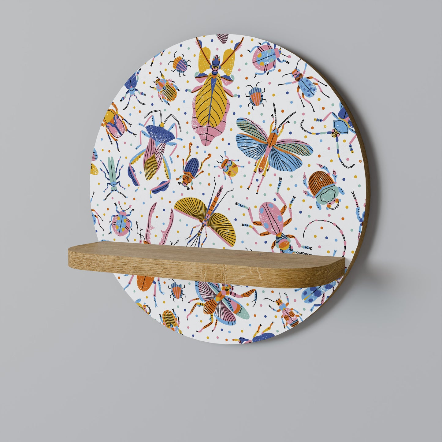 COLORFUL INSECTS Round Art Shelf In Oak Effect