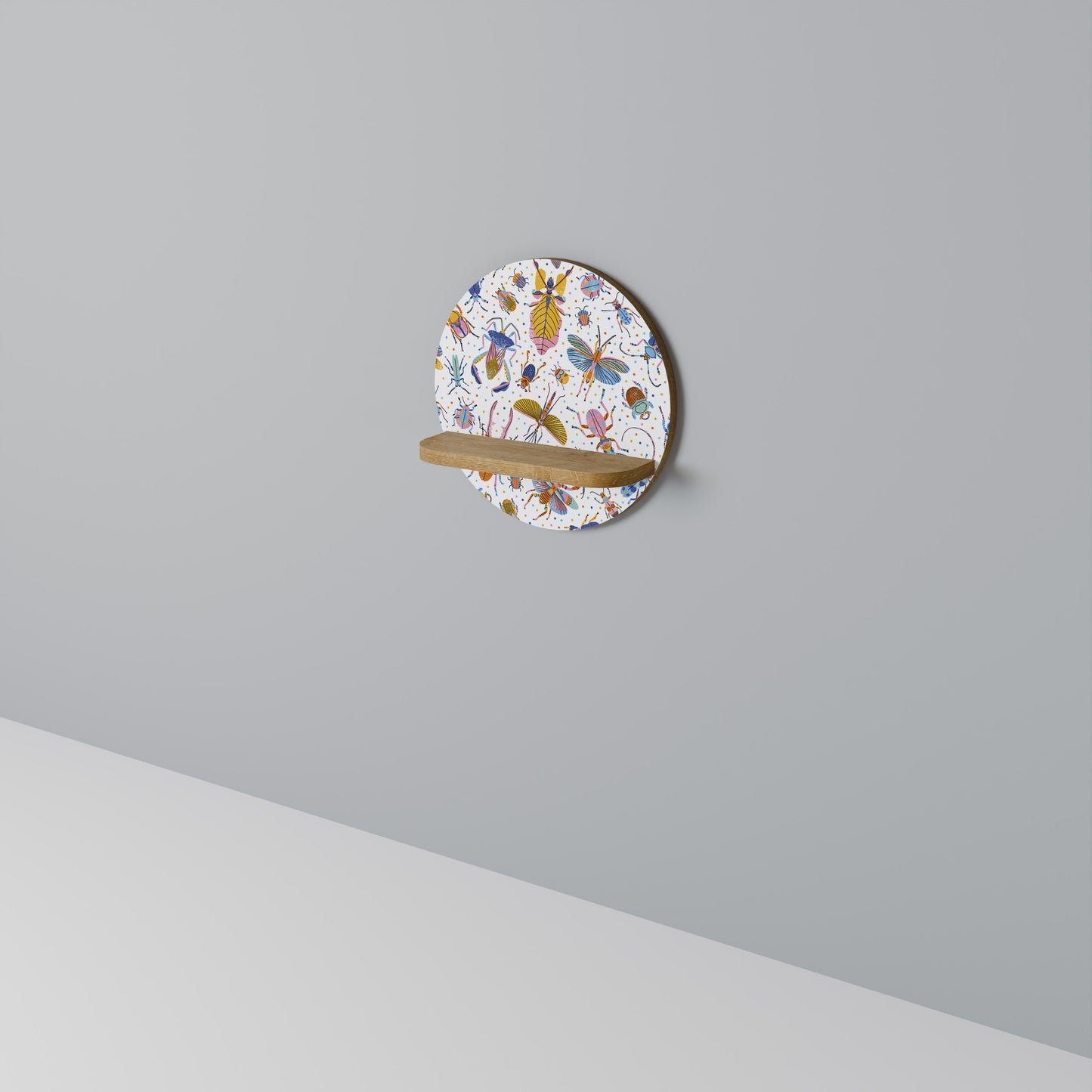 COLORFUL INSECTS Round Art Shelf In Oak Effect