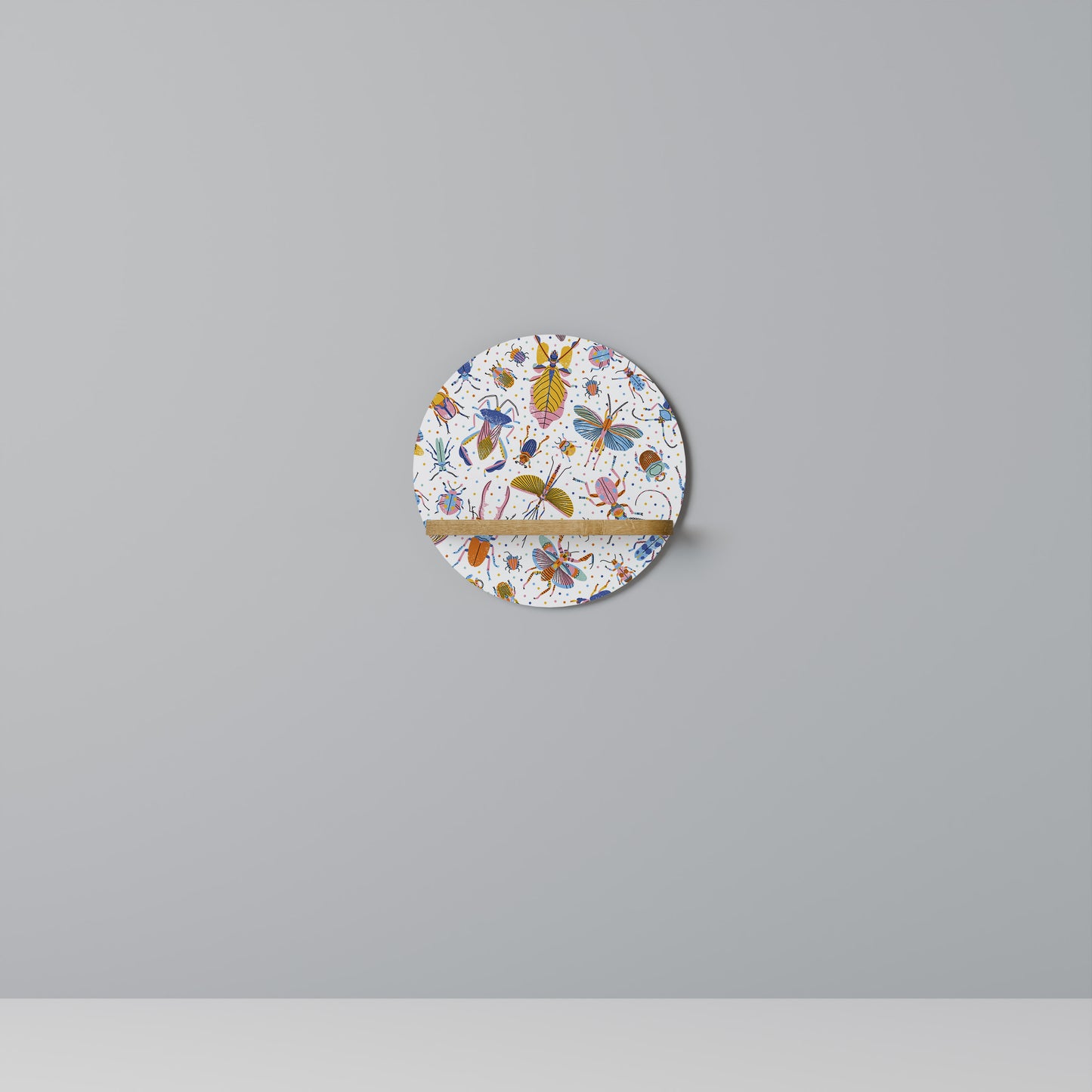COLORFUL INSECTS Round Art Shelf In Oak Effect