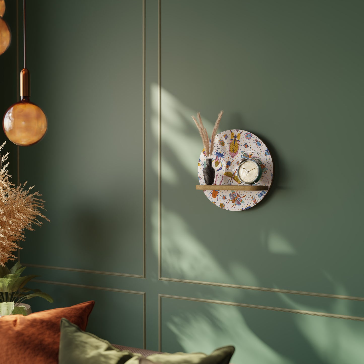 COLORFUL INSECTS Round Art Shelf In Oak Effect
