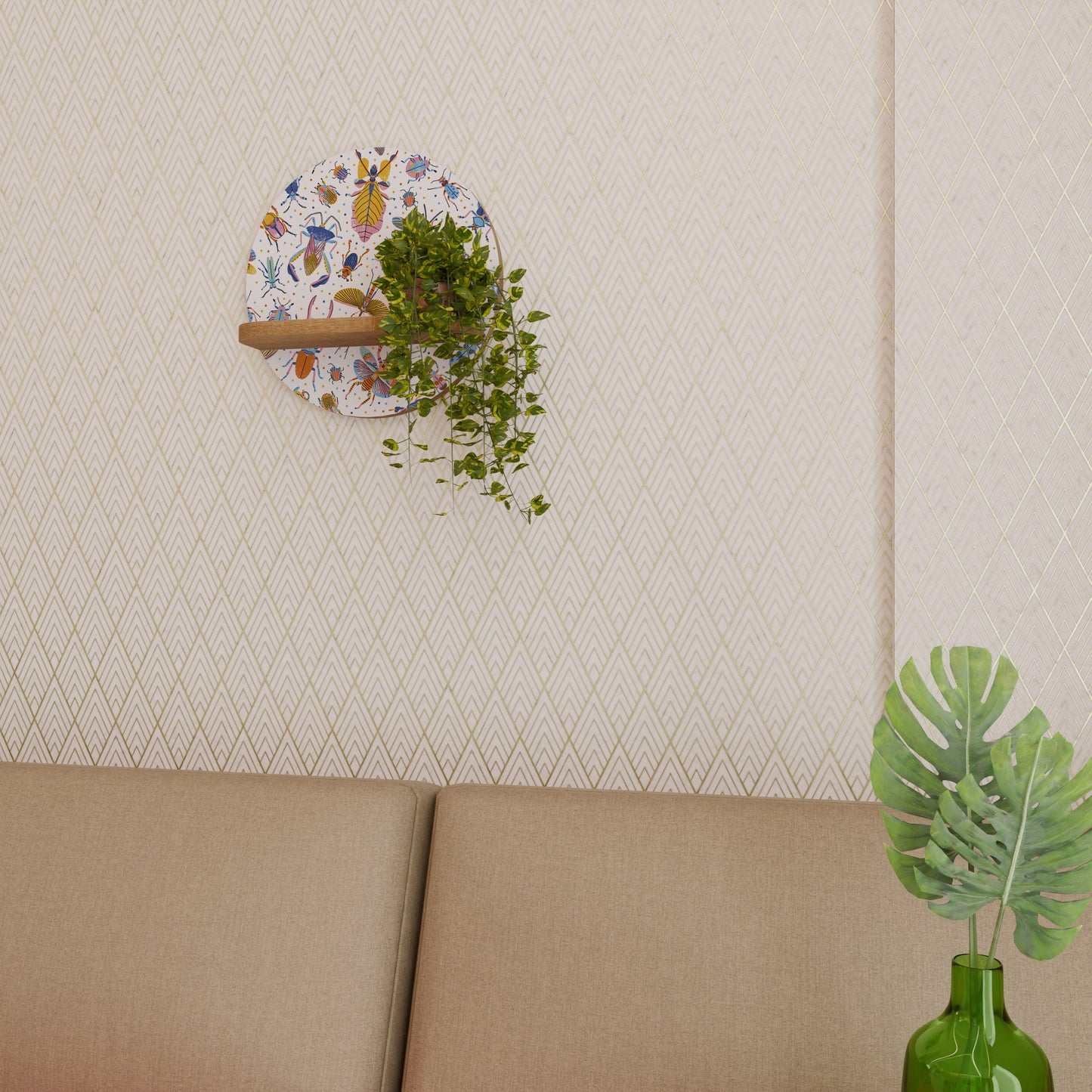 COLORFUL INSECTS Round Art Shelf In Oak Effect