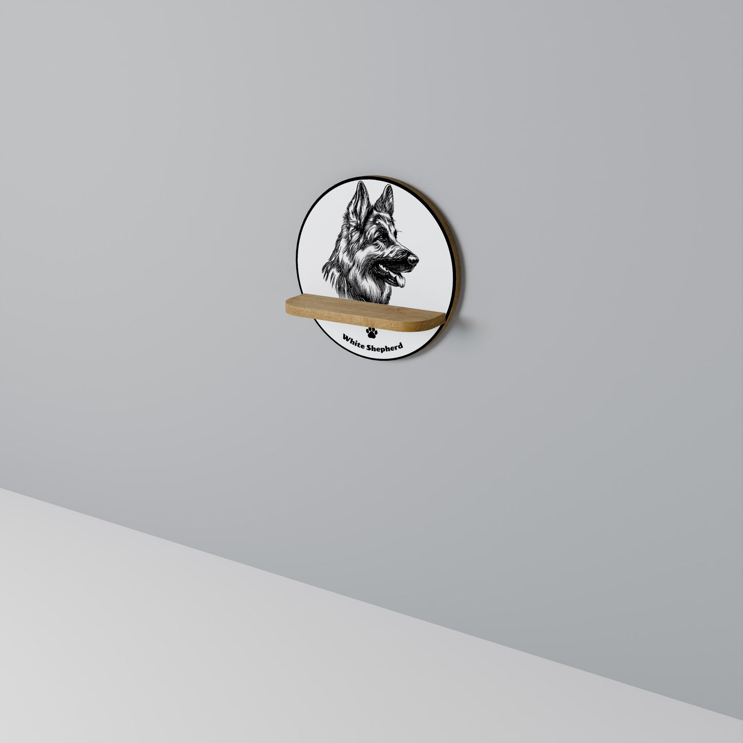 WHITE SHEPHERD DOG Round Art Shelf In Oak Effect