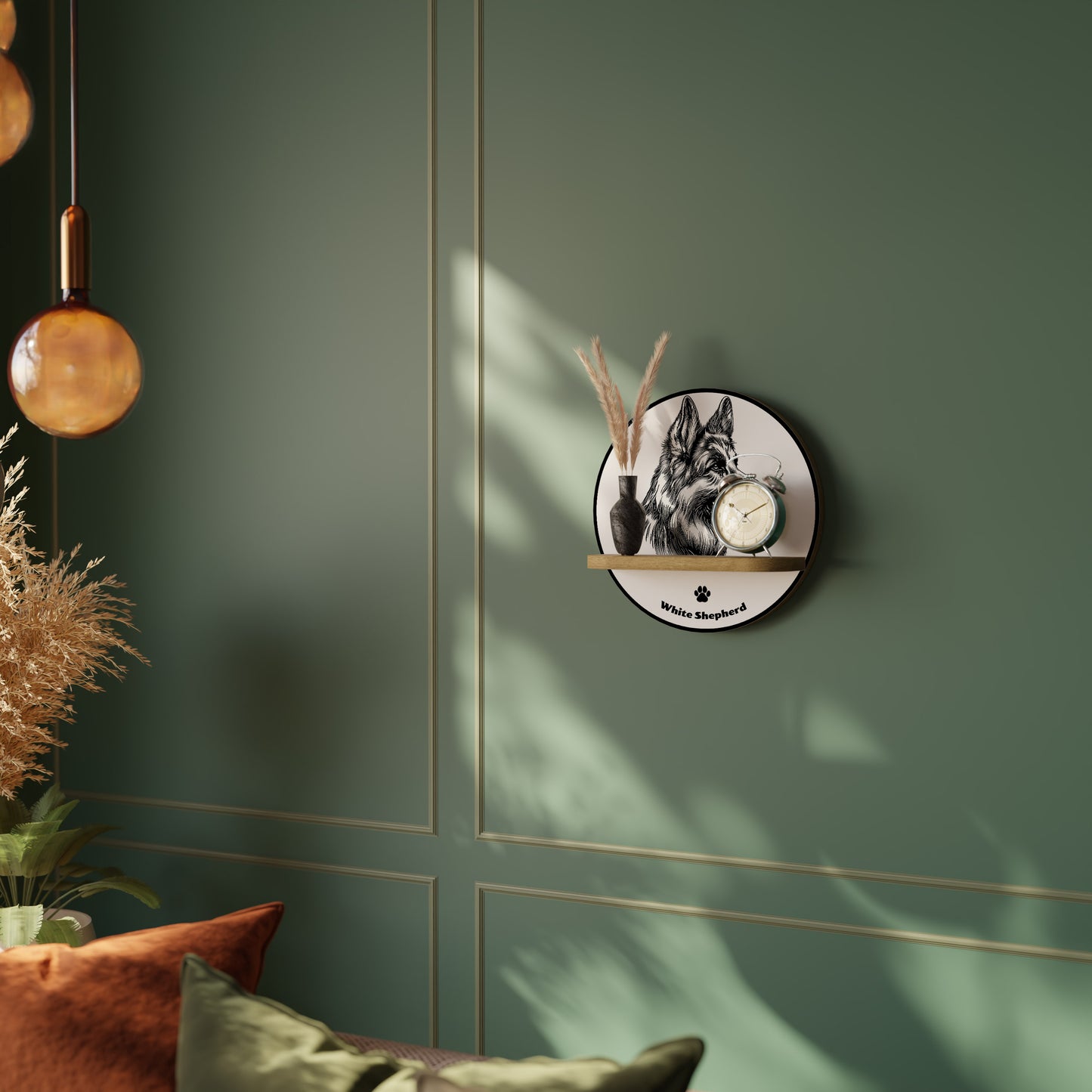 WHITE SHEPHERD DOG Round Art Shelf In Oak Effect