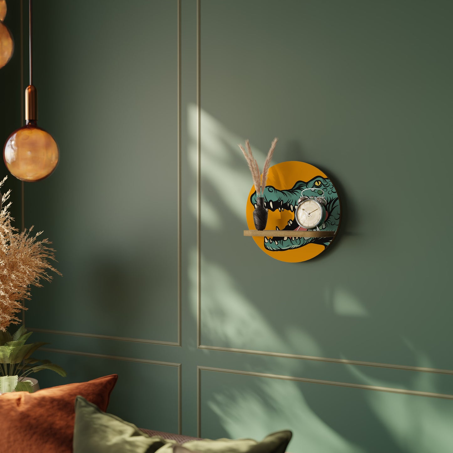 THREATENING GREETING Round Art Shelf In Oak Effect