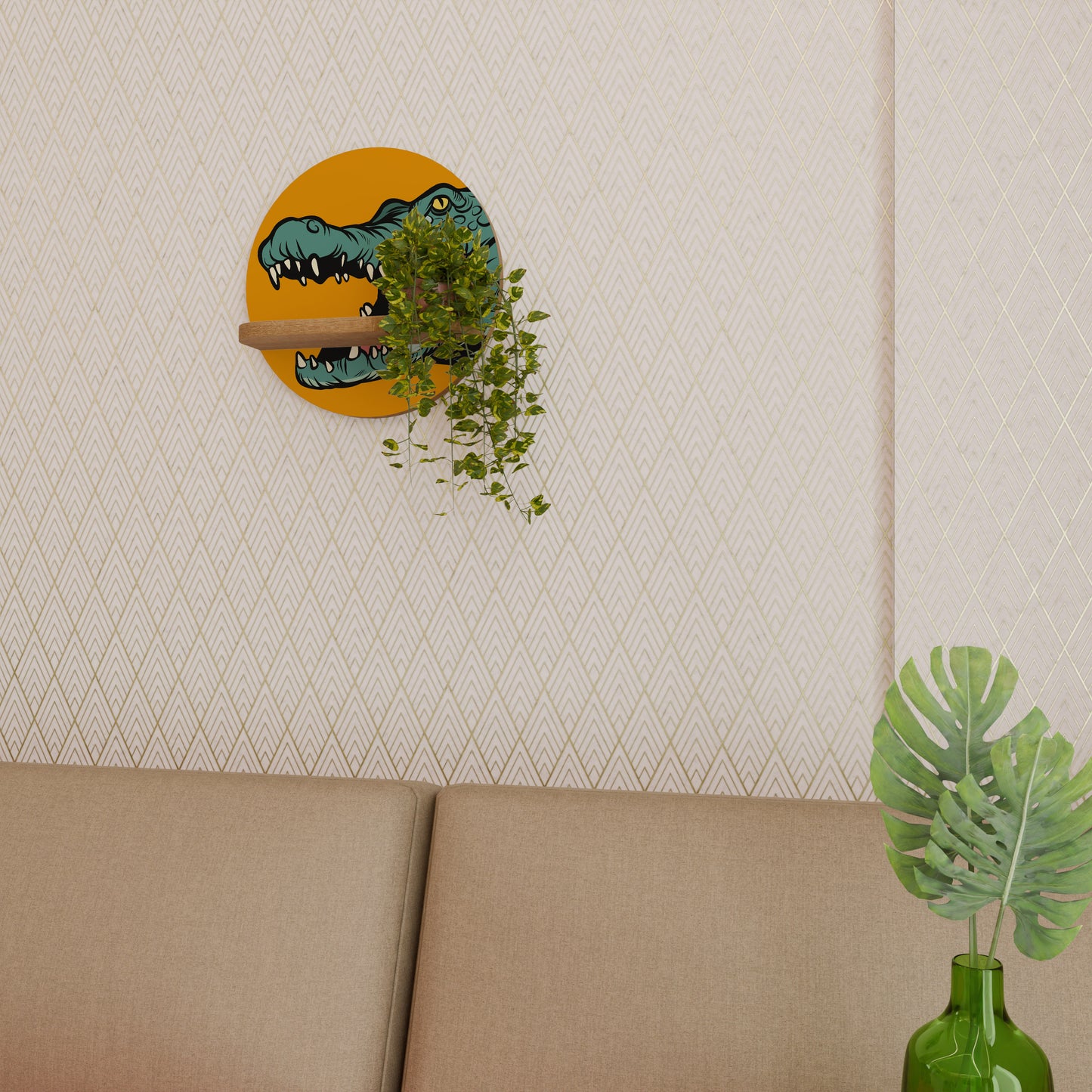 THREATENING GREETING Round Art Shelf In Oak Effect