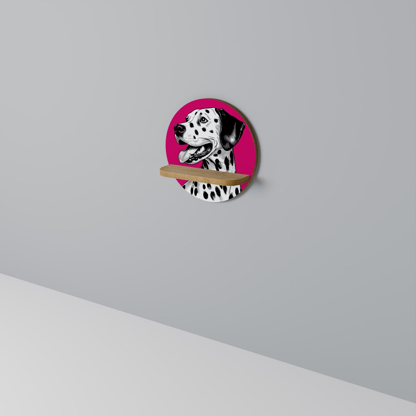 DALMATIAN SMILE Round Art Shelf In Oak Effect