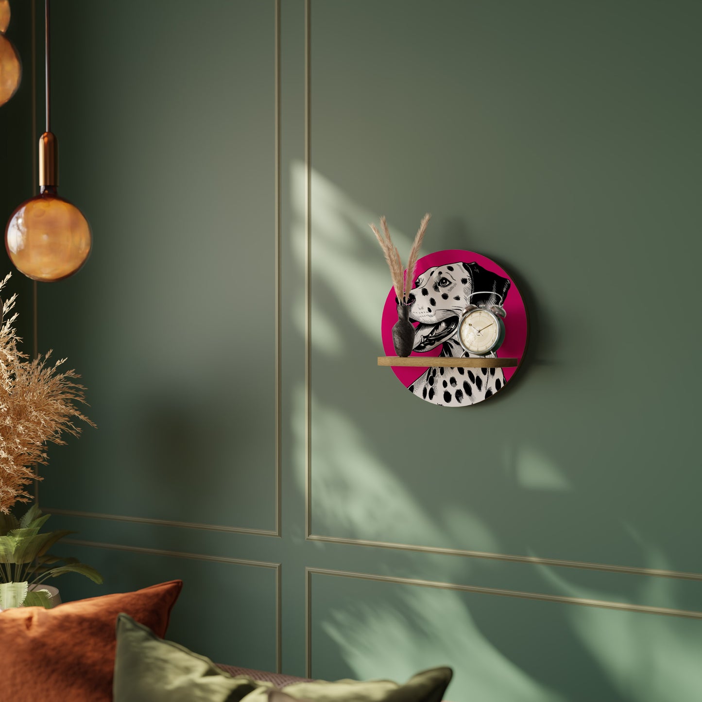 DALMATIAN SMILE Round Art Shelf In Oak Effect