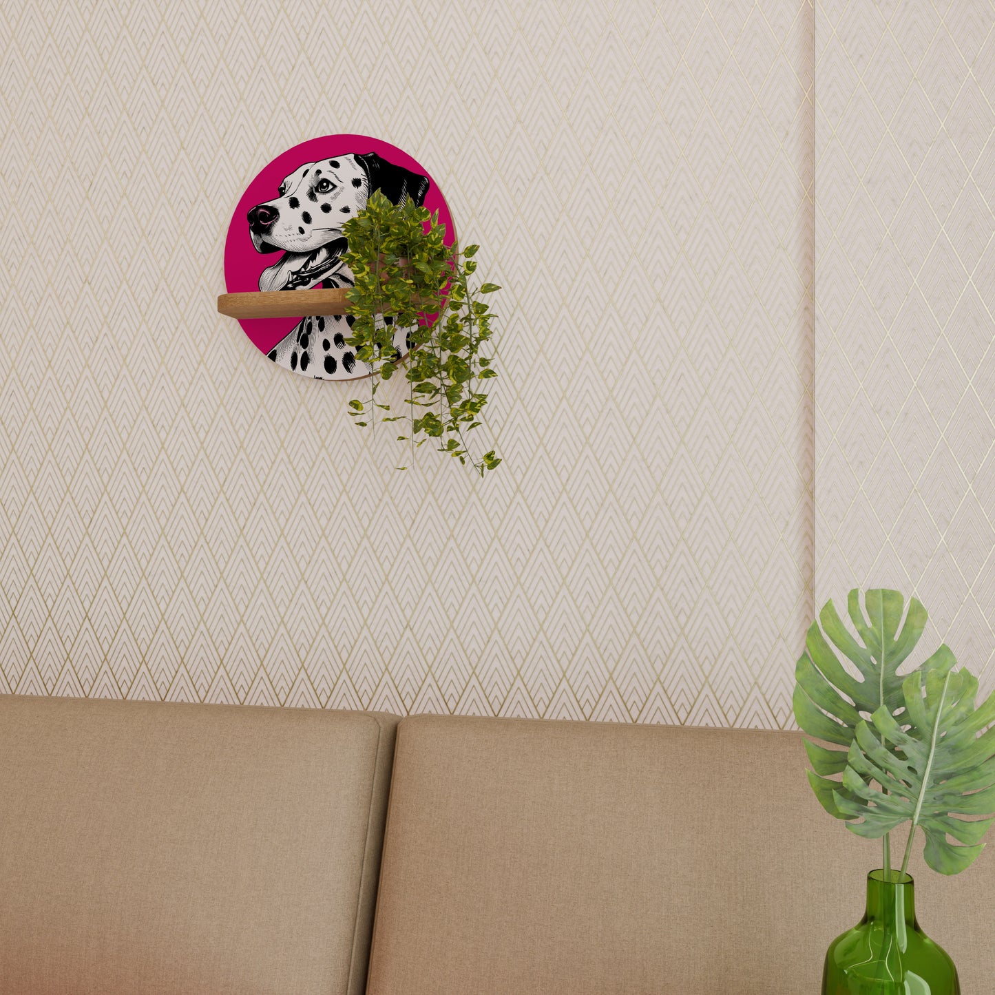 DALMATIAN SMILE Round Art Shelf In Oak Effect