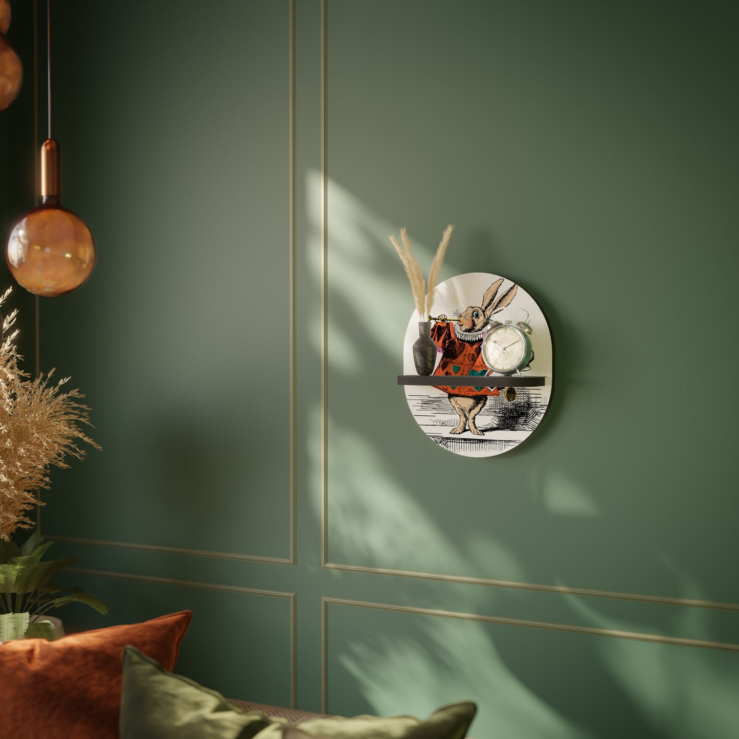 COLORFUL WHITE RABBIT Oval Art Shelf In Black Finish