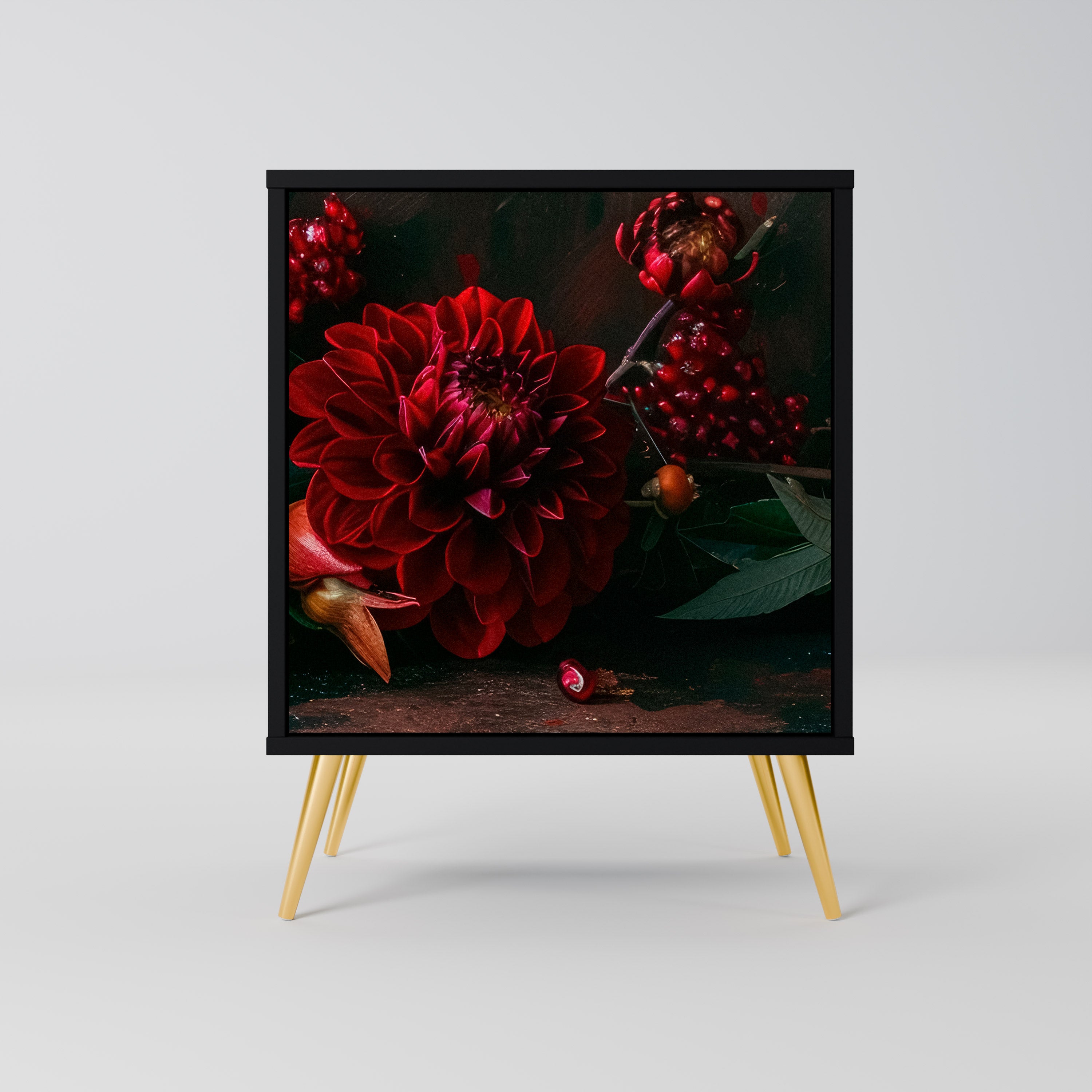 DAHLIOR OCH GRANATÄPPLAR 1-dörrs skänk i svart finish