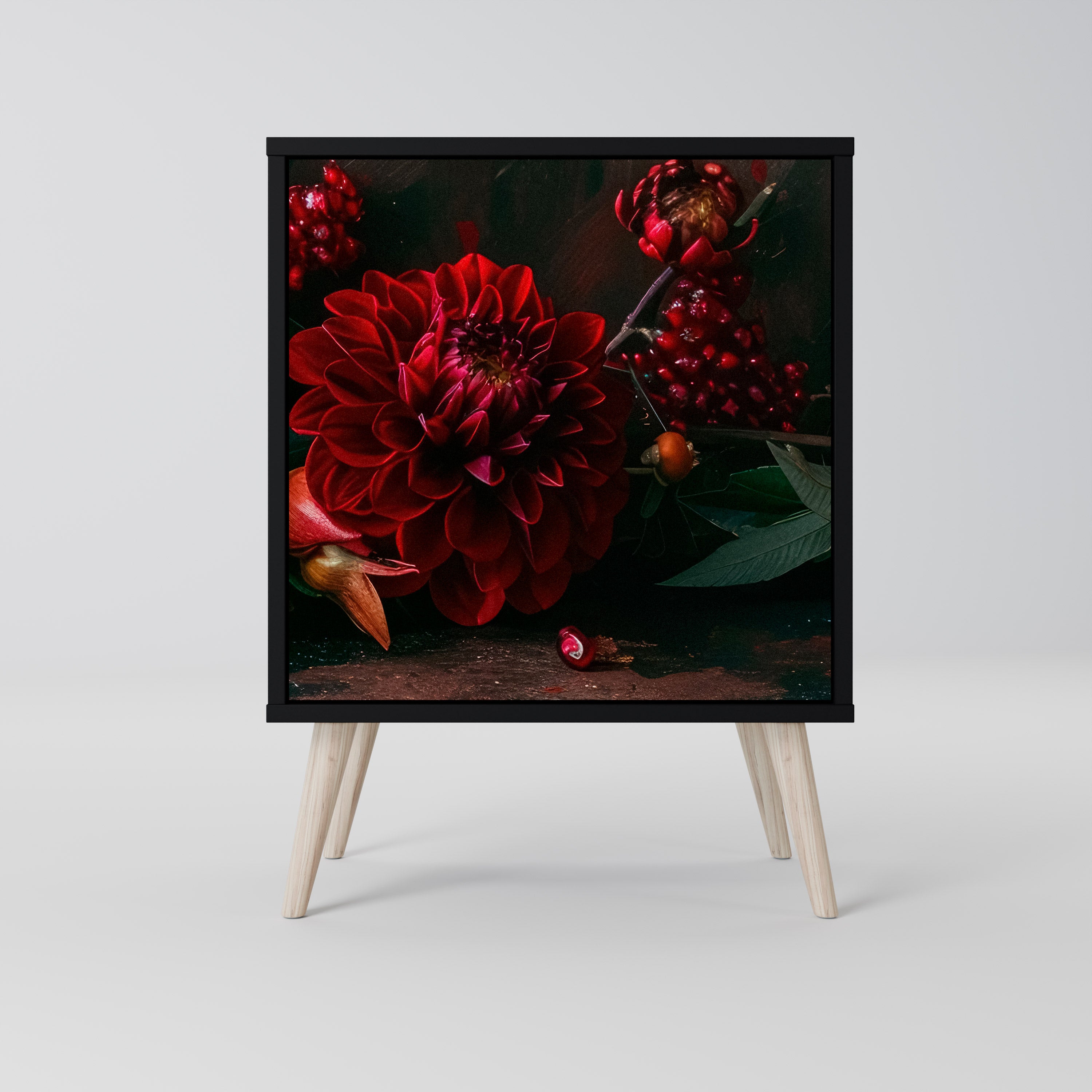 DAHLIOR OCH GRANATÄPPLAR 1-dörrs skänk i svart finish