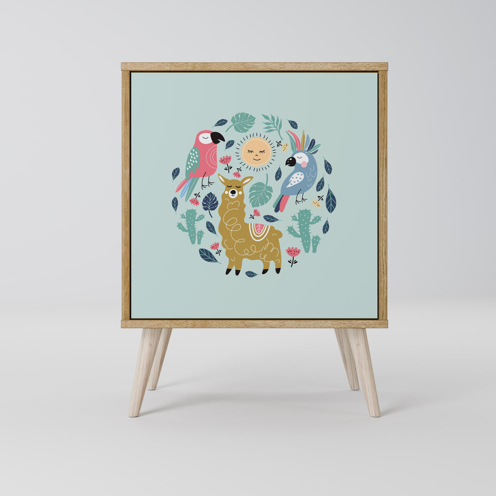 FÄRGGLADA ALPACKAS-skänk med 1 dörr i ekeffekt