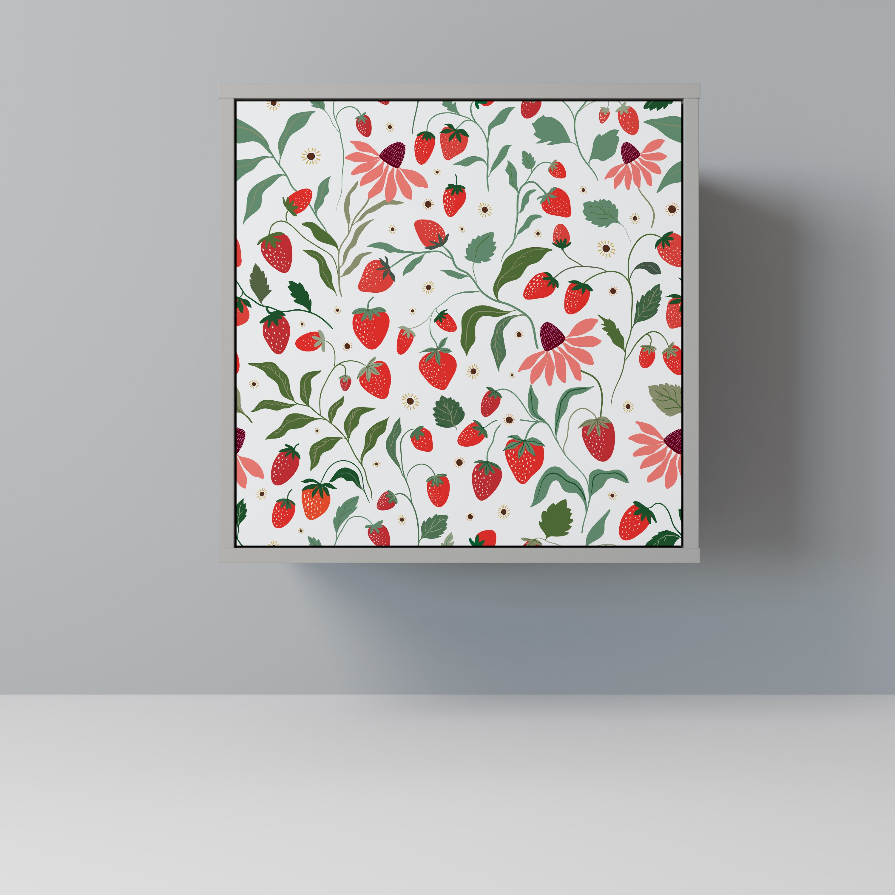 BLOMMOR OCH JORDGUBBAR 1-dörrs skänk i grå finish