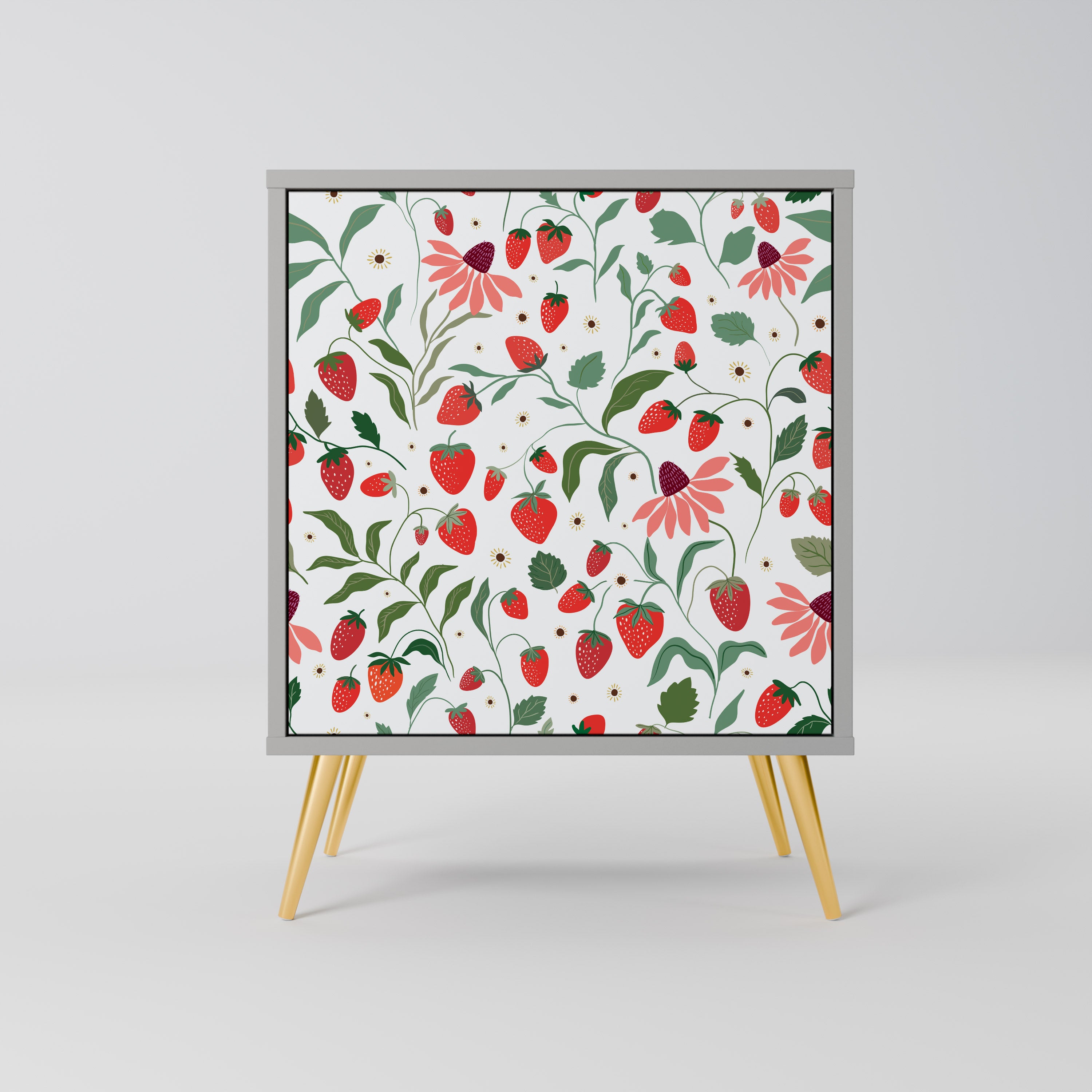 BLOMMOR OCH JORDGUBBAR 1-dörrs skänk i grå finish
