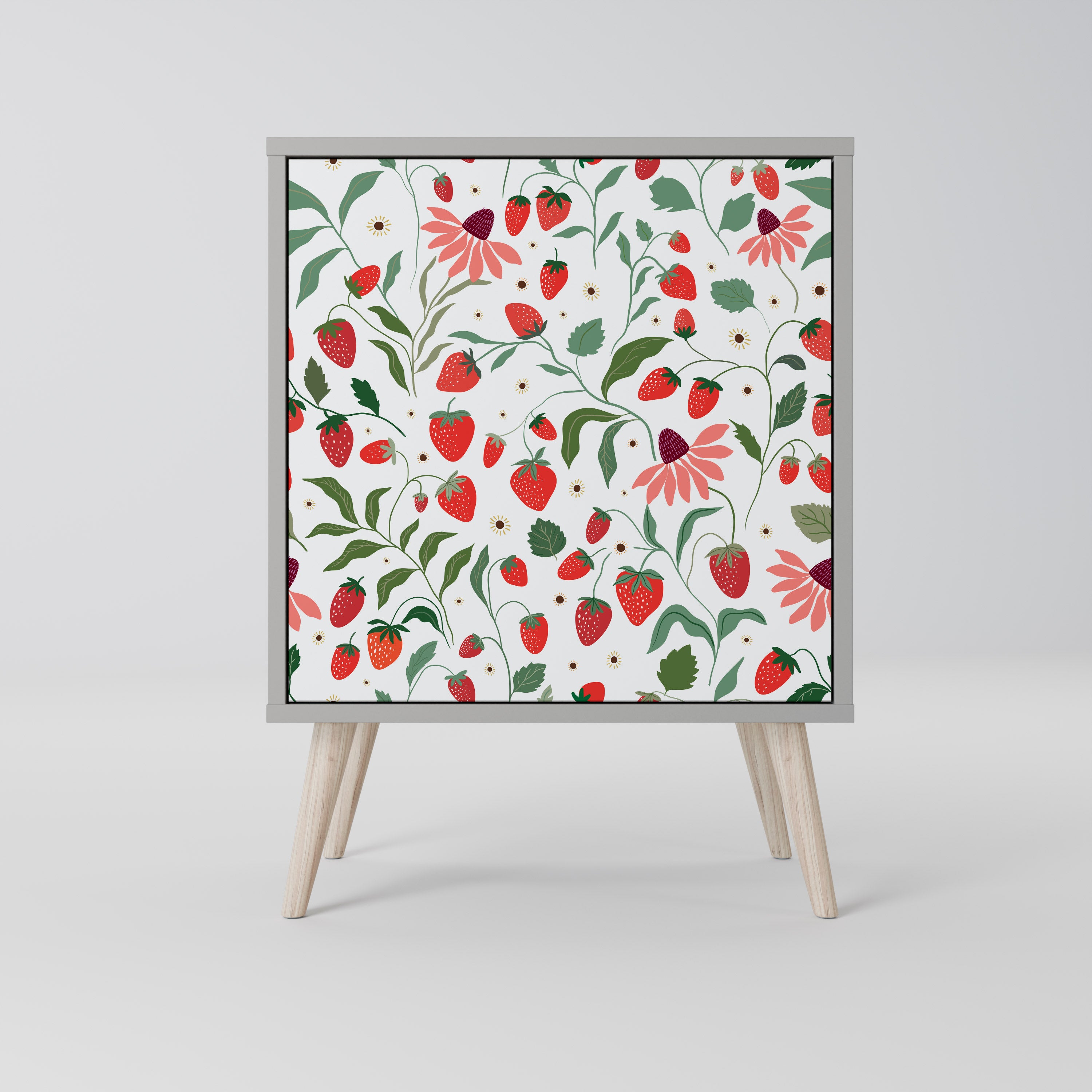 BLOMMOR OCH JORDGUBBAR 1-dörrs skänk i grå finish