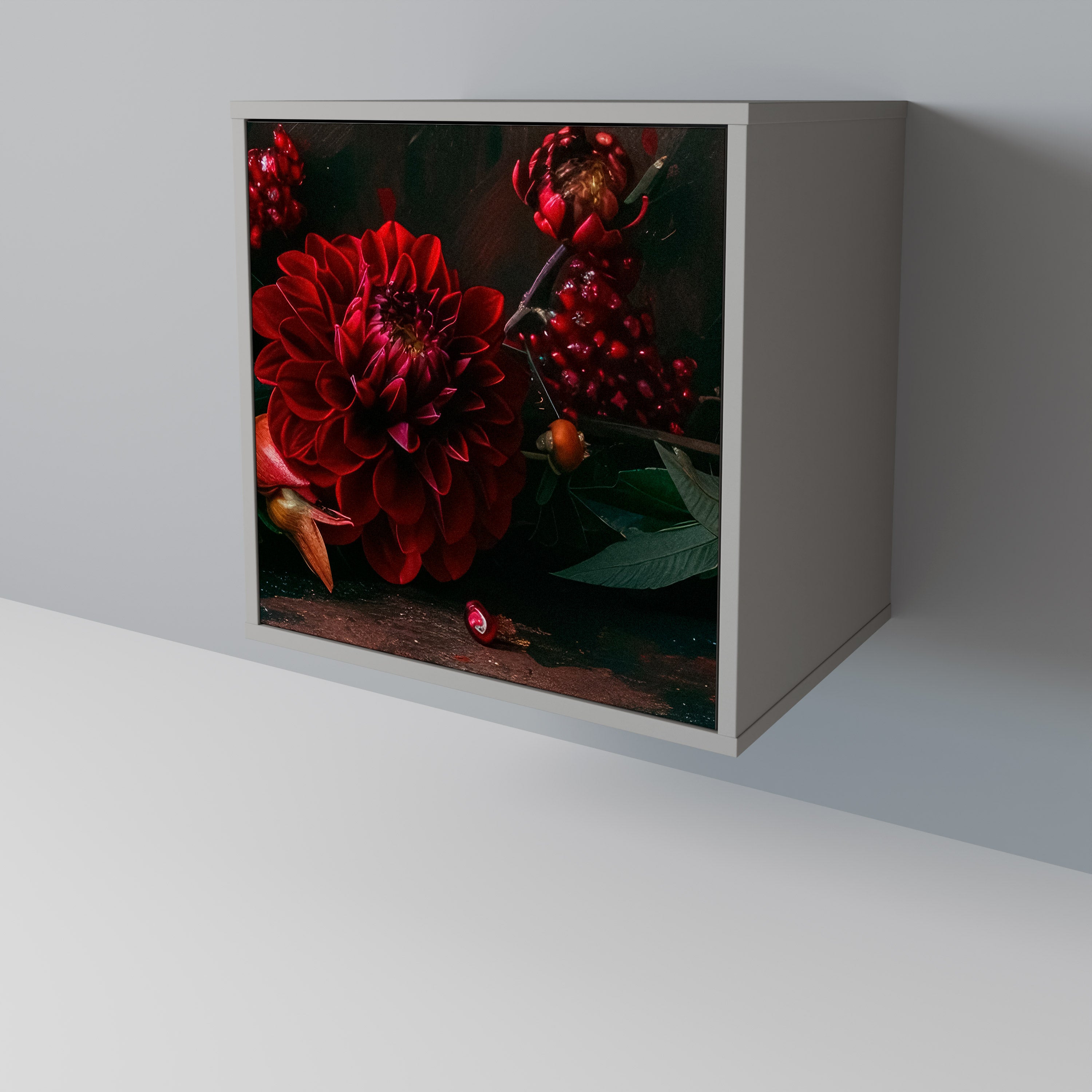 DAHLIOR OCH GRANATÄPPLAR 1-dörrs skänk i grå finish