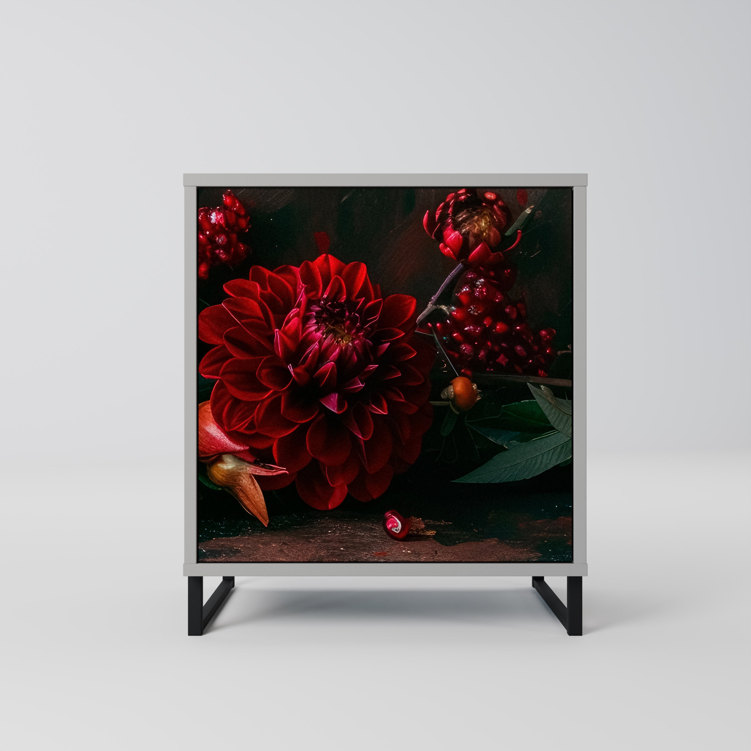 DAHLIOR OCH GRANATÄPPLAR 1-dörrs skänk i grå finish