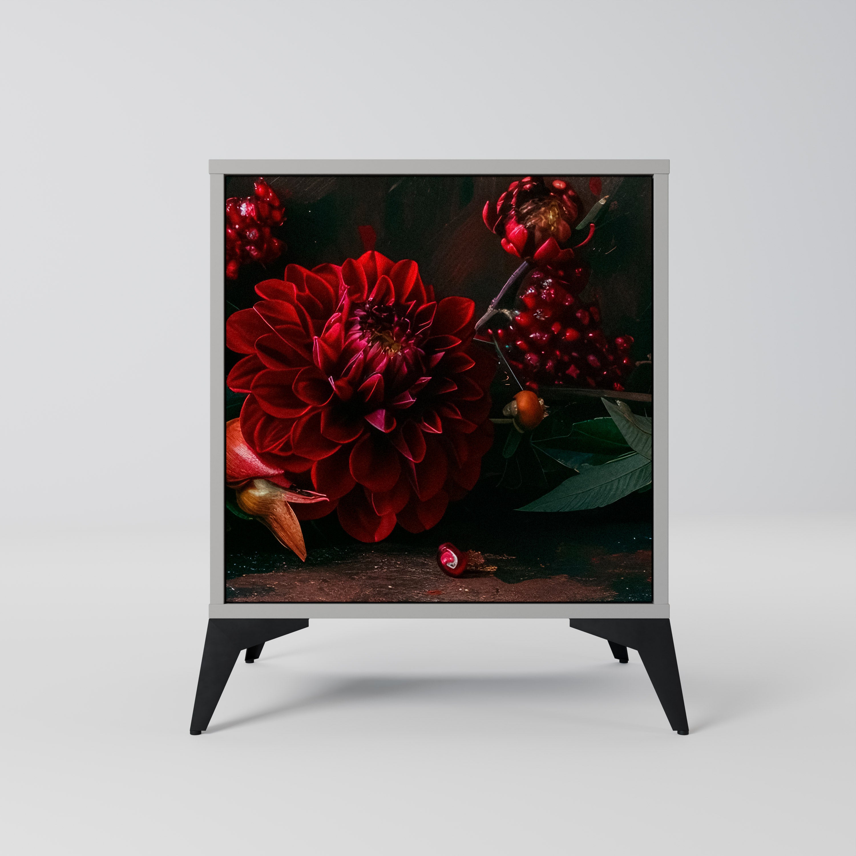 DAHLIOR OCH GRANATÄPPLAR 1-dörrs skänk i grå finish