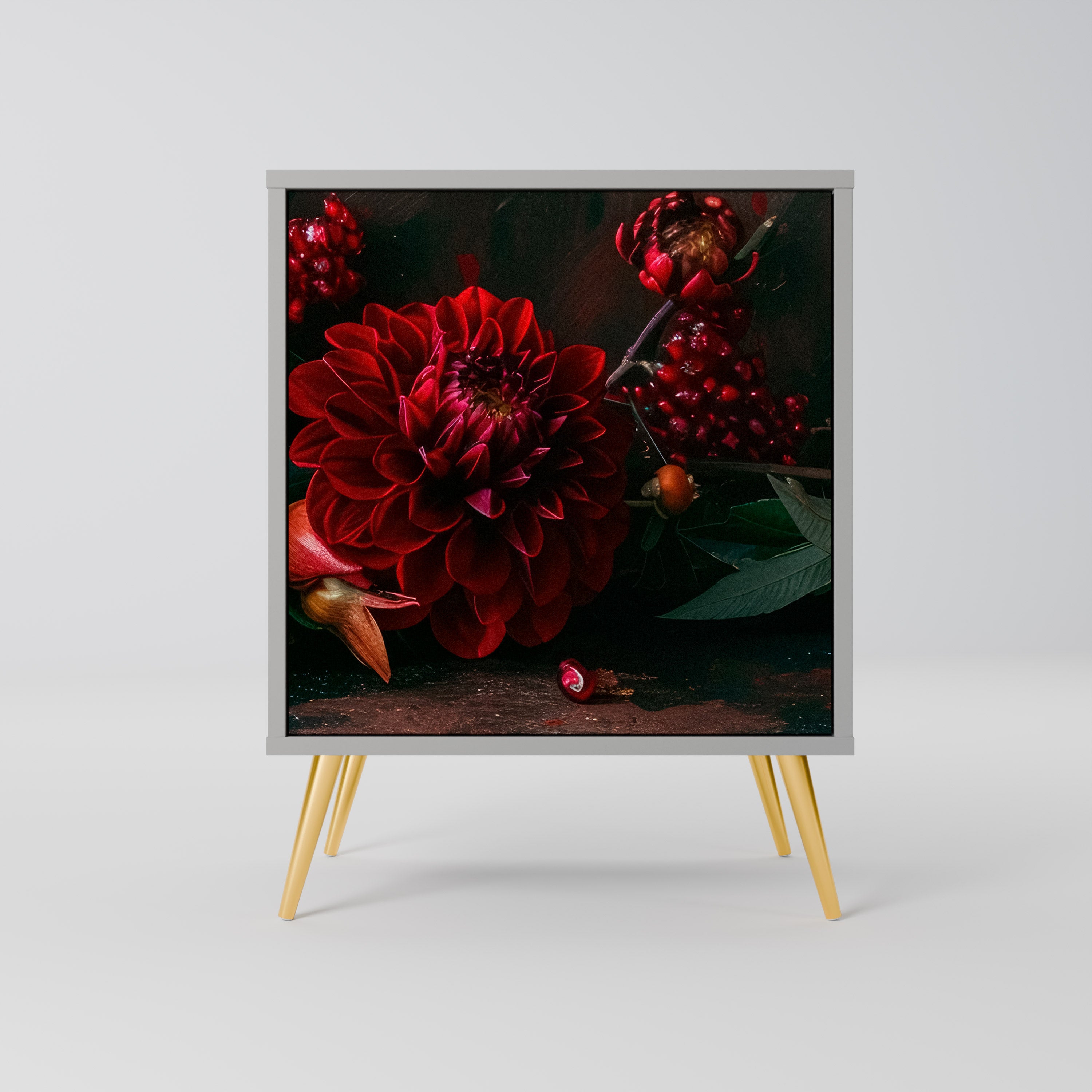 DAHLIOR OCH GRANATÄPPLAR 1-dörrs skänk i grå finish