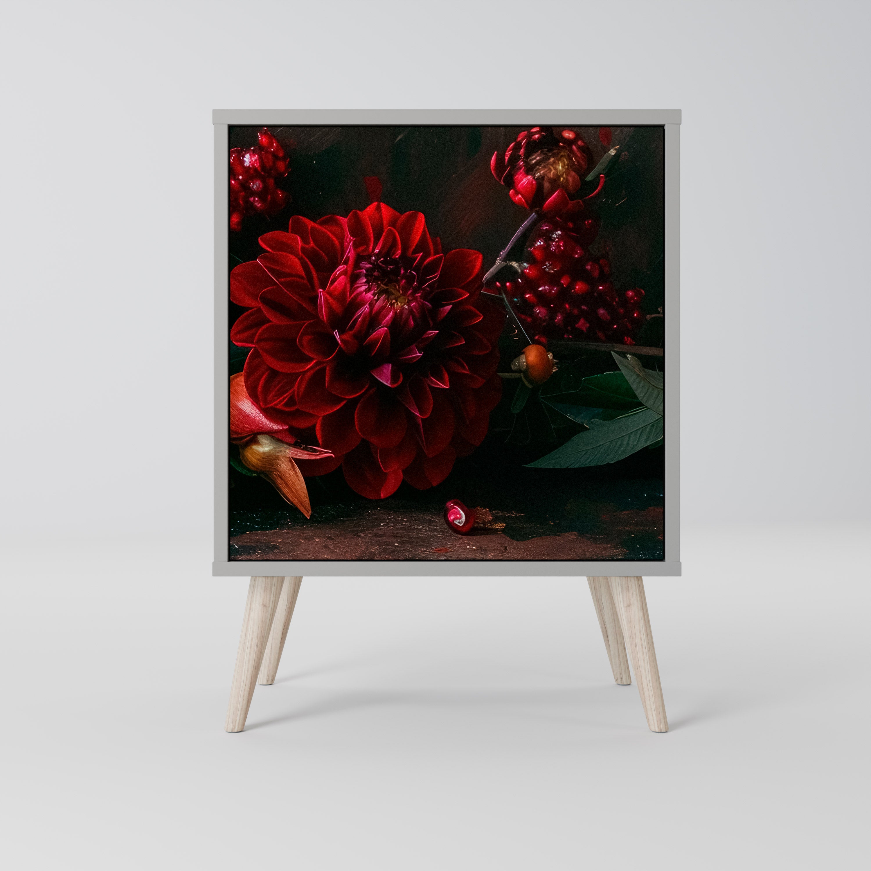 DAHLIOR OCH GRANATÄPPLAR 1-dörrs skänk i grå finish