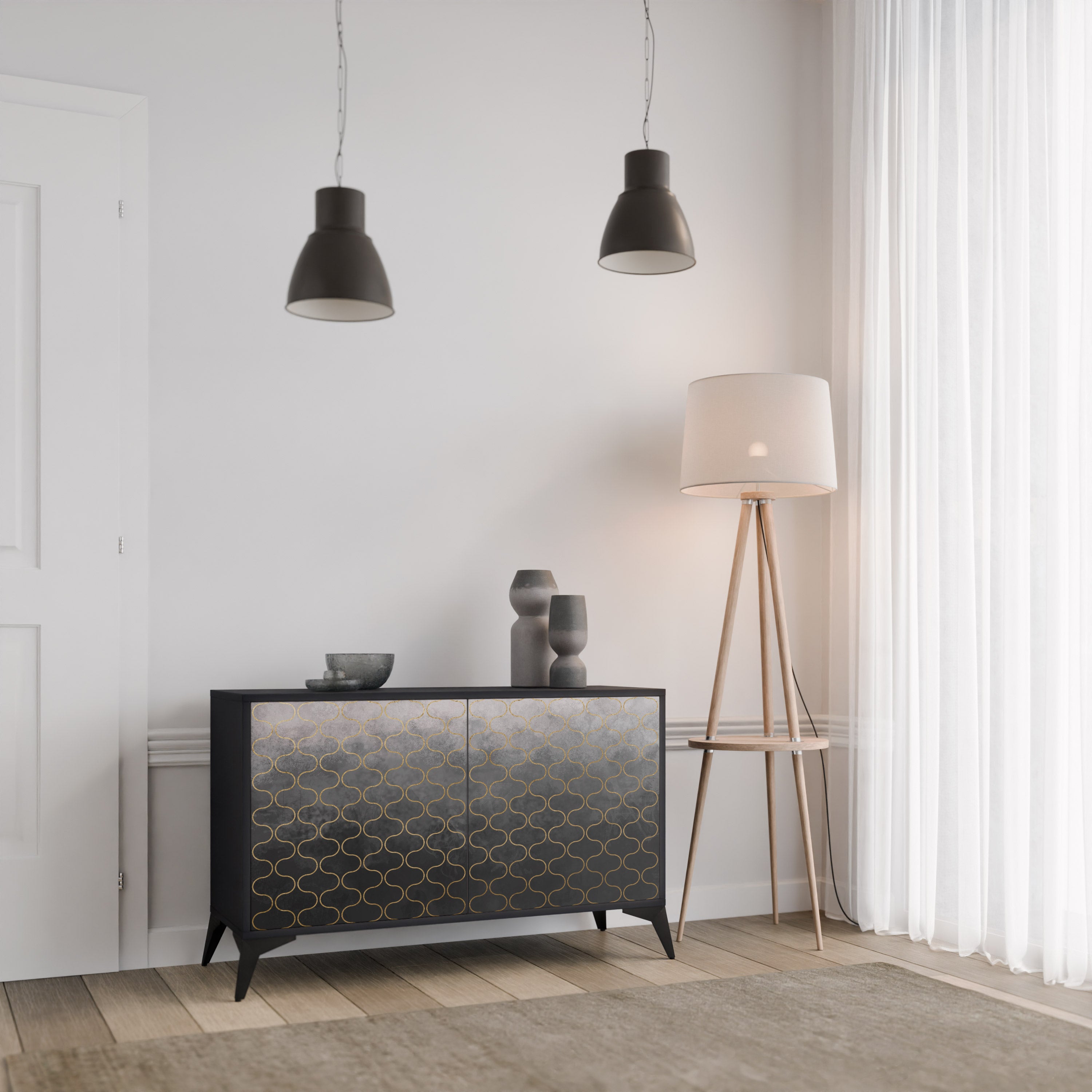 TESSELATED GRÅLIG 2-dörrars skänk i svart finish