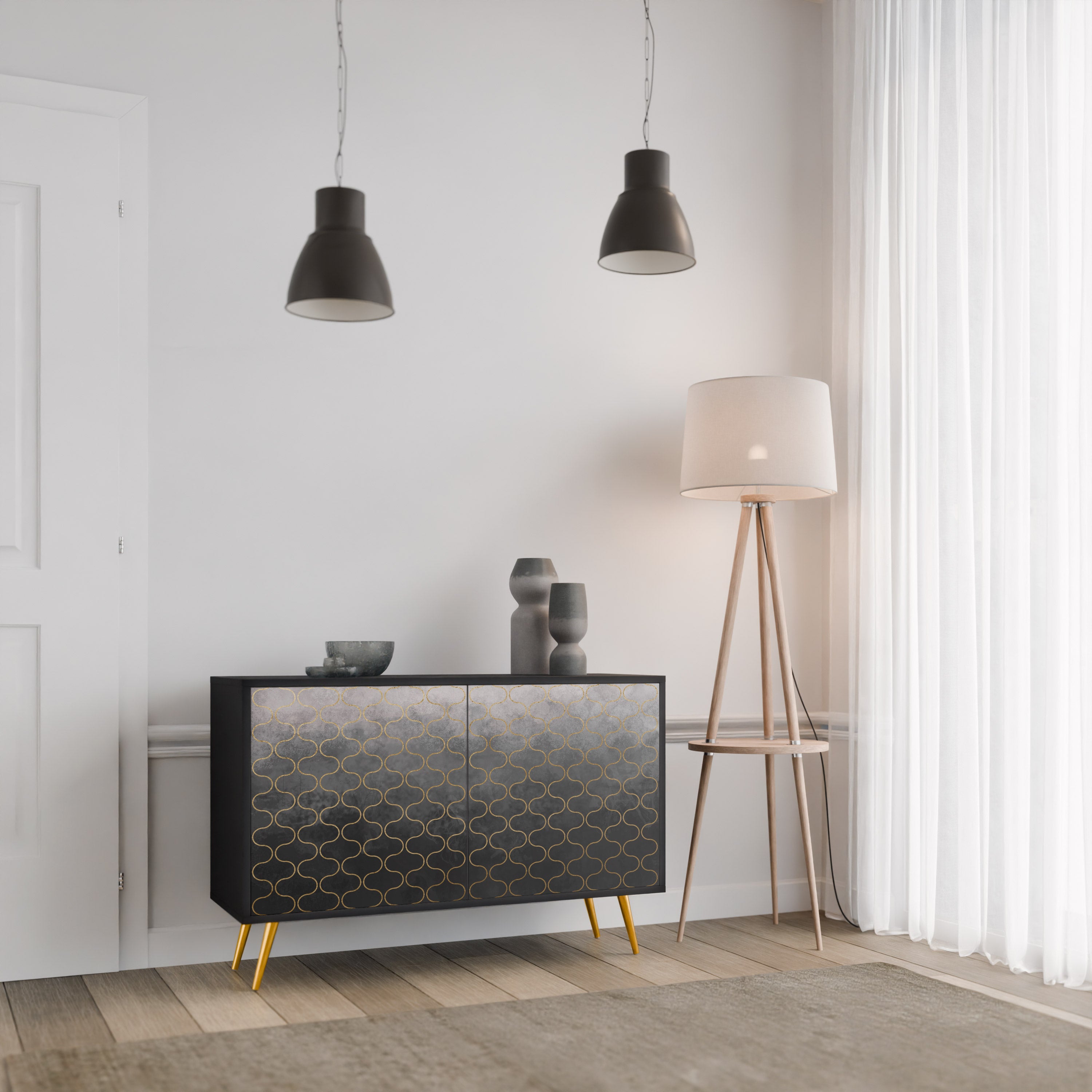 TESSELATED GRÅLIG 2-dörrars skänk i svart finish