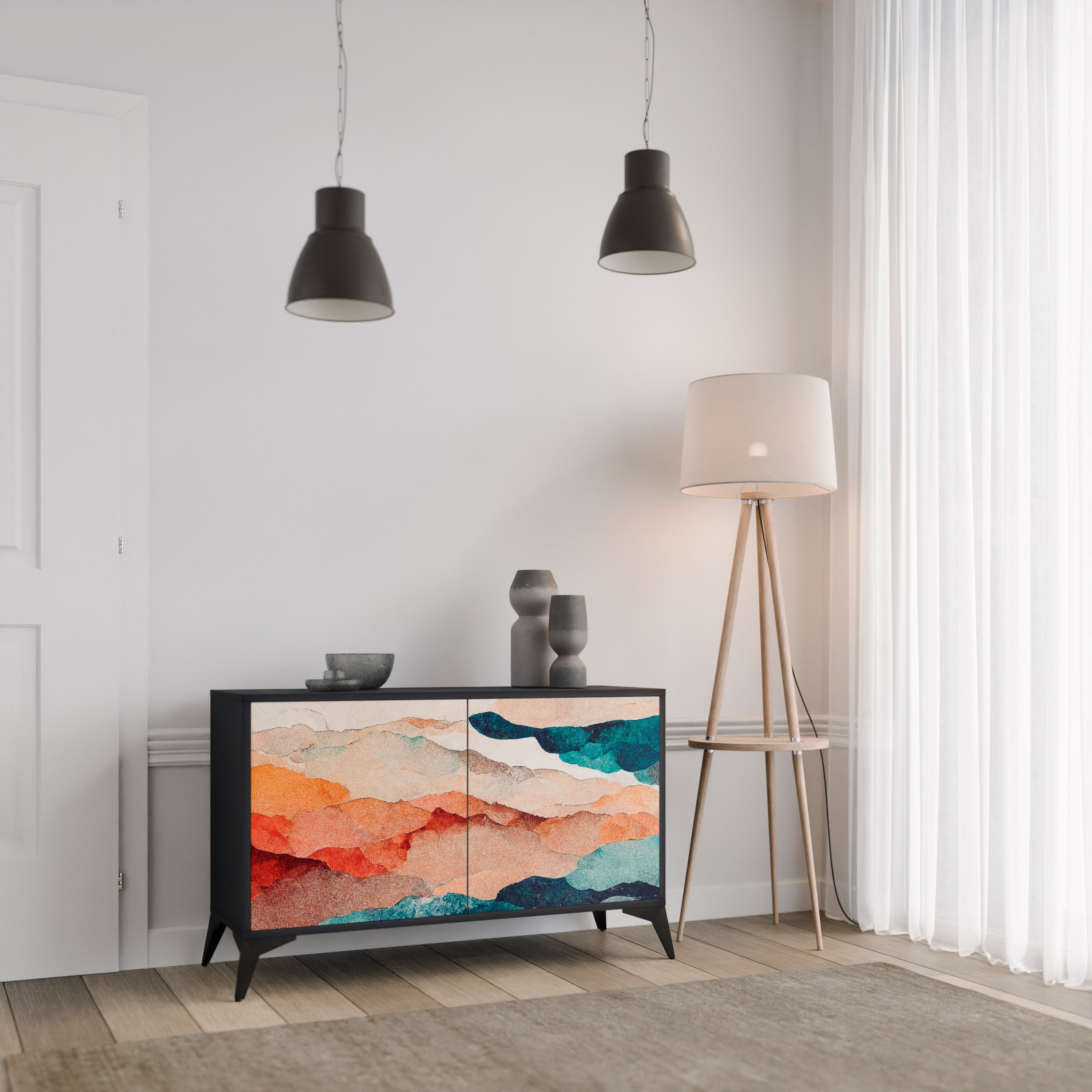 ABSTRAKT LANDSKAP 2-dörrars skänk i svart finish