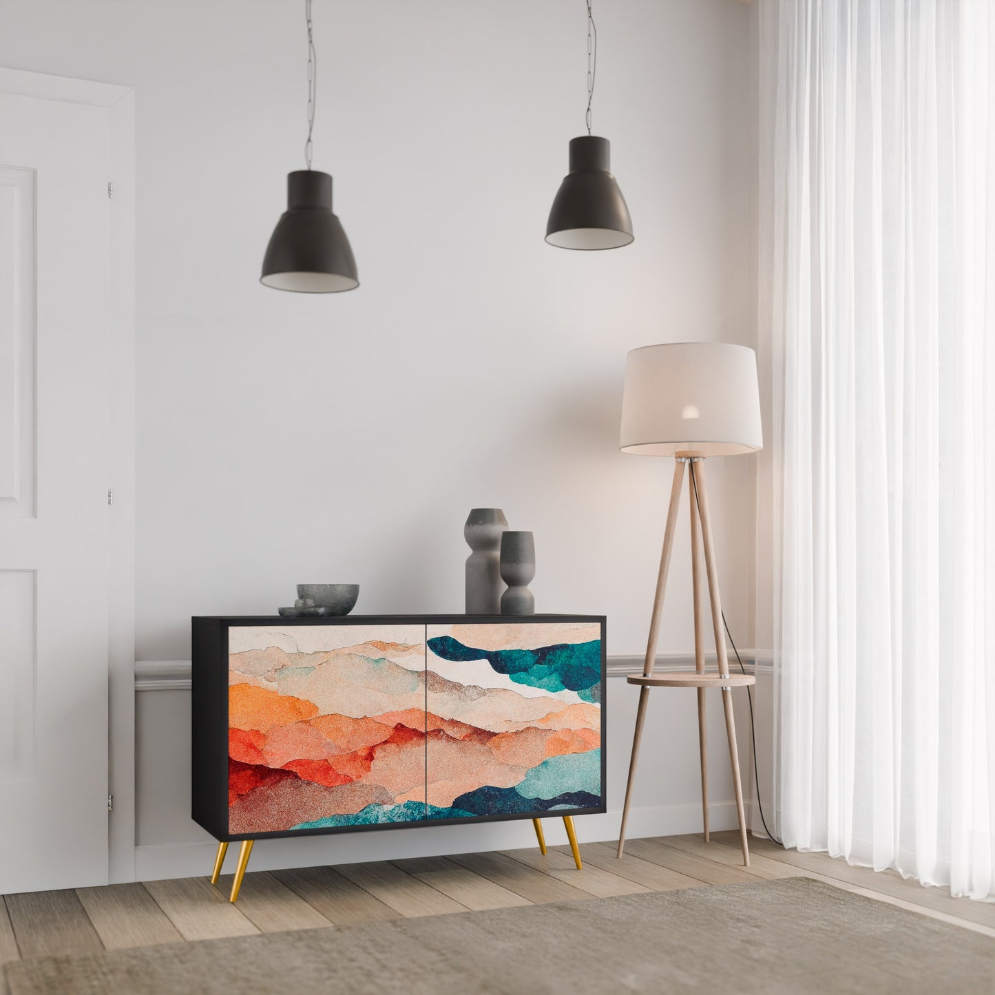 ABSTRACT LANDSCAPE 2-Door Sideboard in Black Finish
