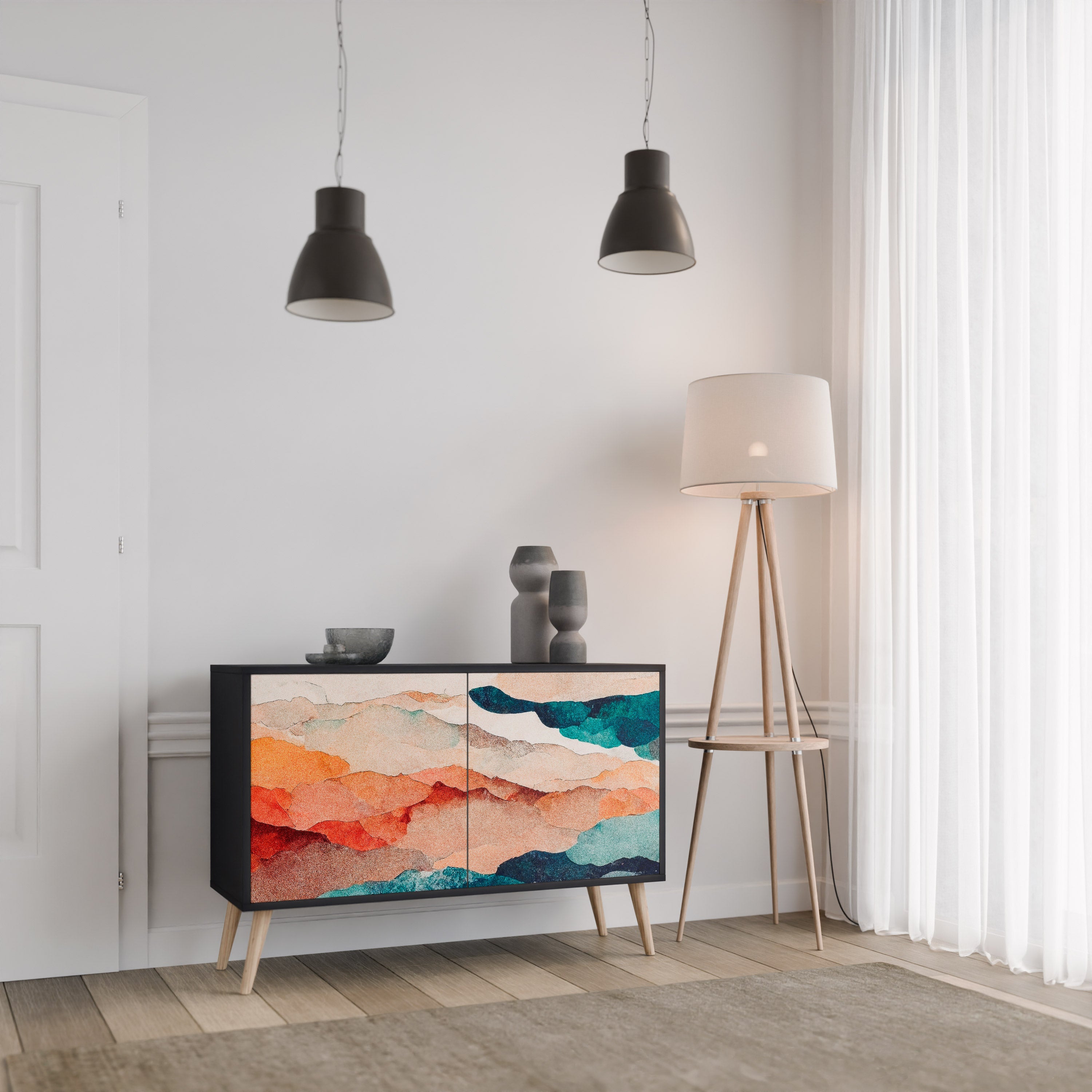 ABSTRAKT LANDSKAP 2-dörrars skänk i svart finish