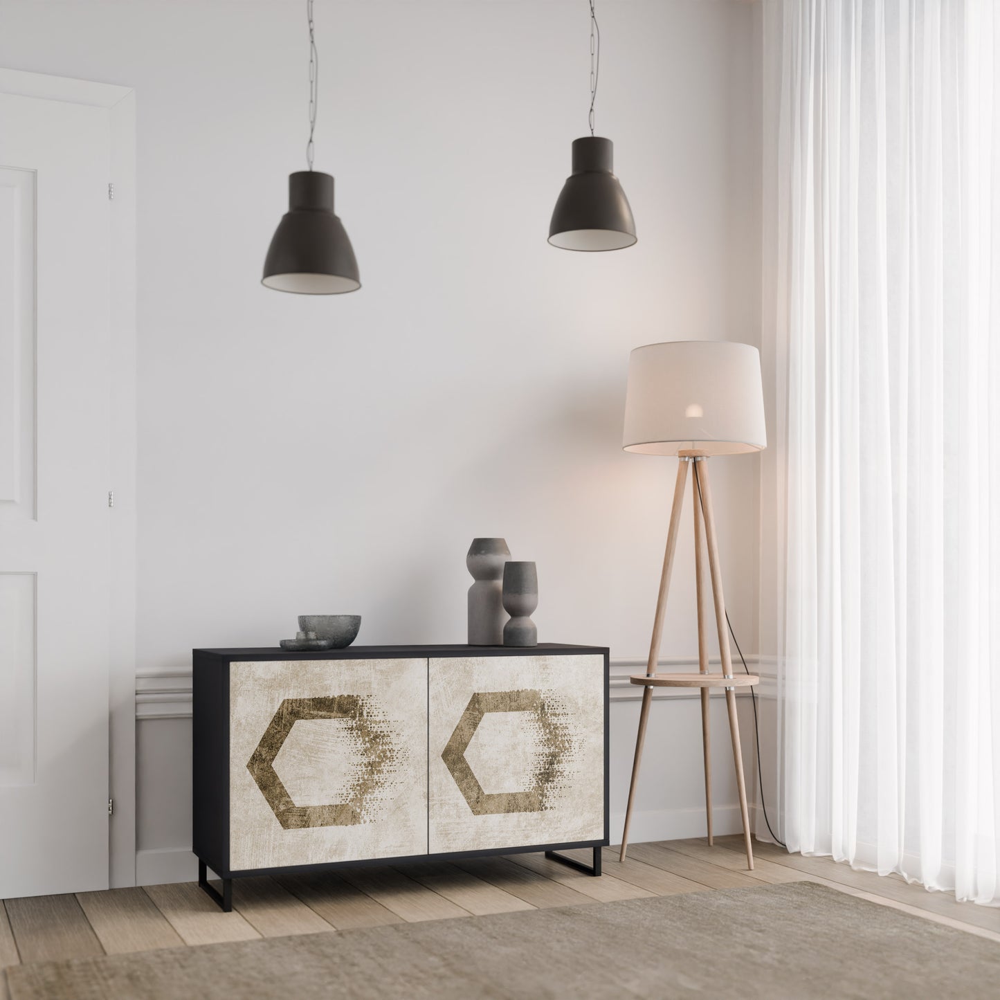 HEXAGONAL FORM 2-Dörrars skänk i svart finish