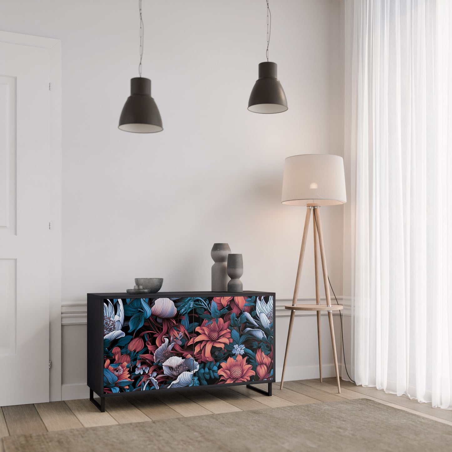 ETHEREAL BLOSSOMS 2-Door Sideboard in Black Finish