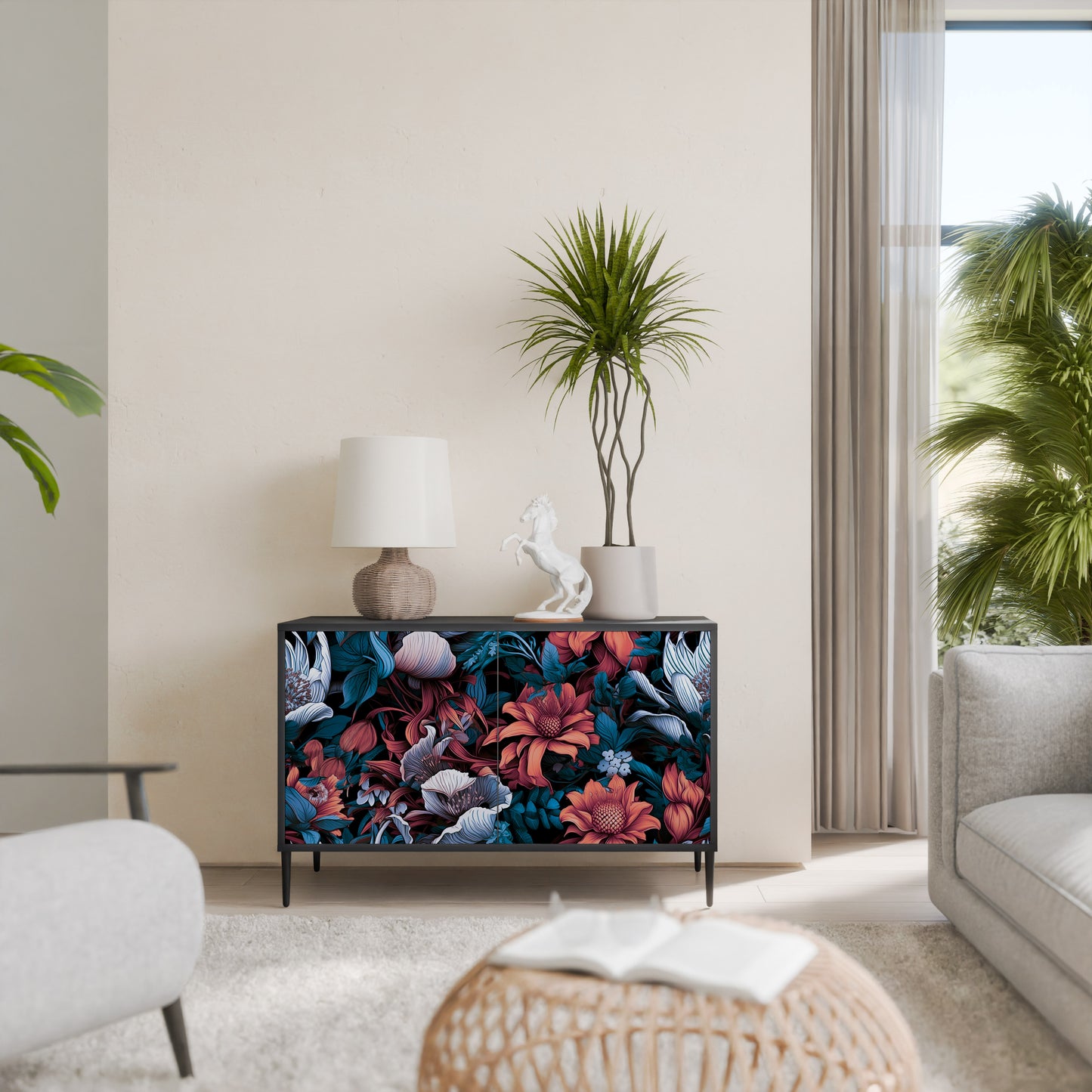 ETHEREAL BLOSSOMS 2-Door Sideboard in Black Finish