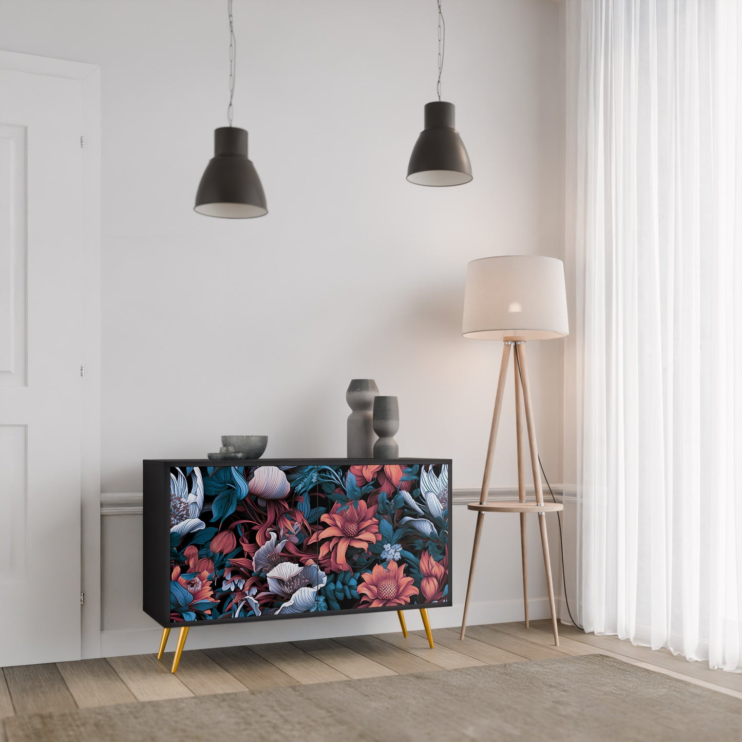 ETHEREAL BLOSSOMS 2-Door Sideboard in Black Finish