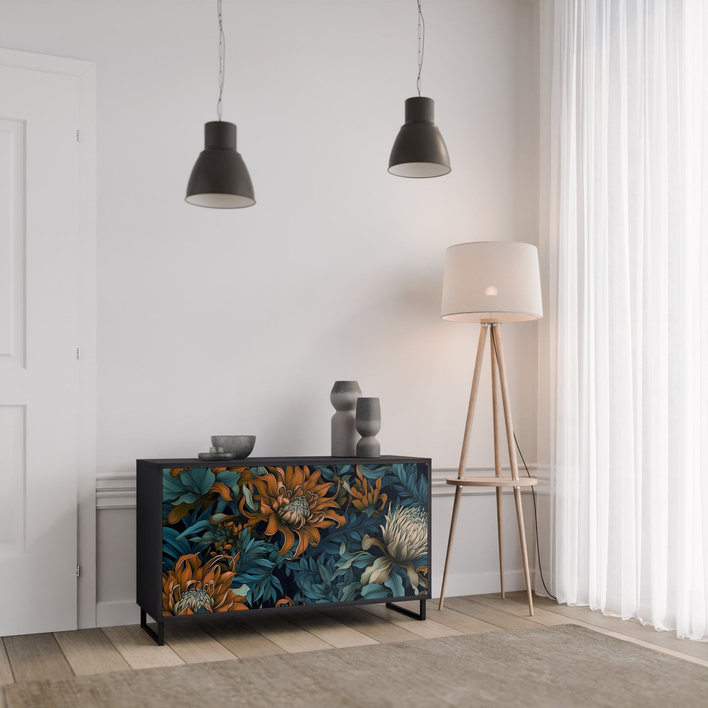 MORNING BLOOM 2-Door Sideboard in Black Finish