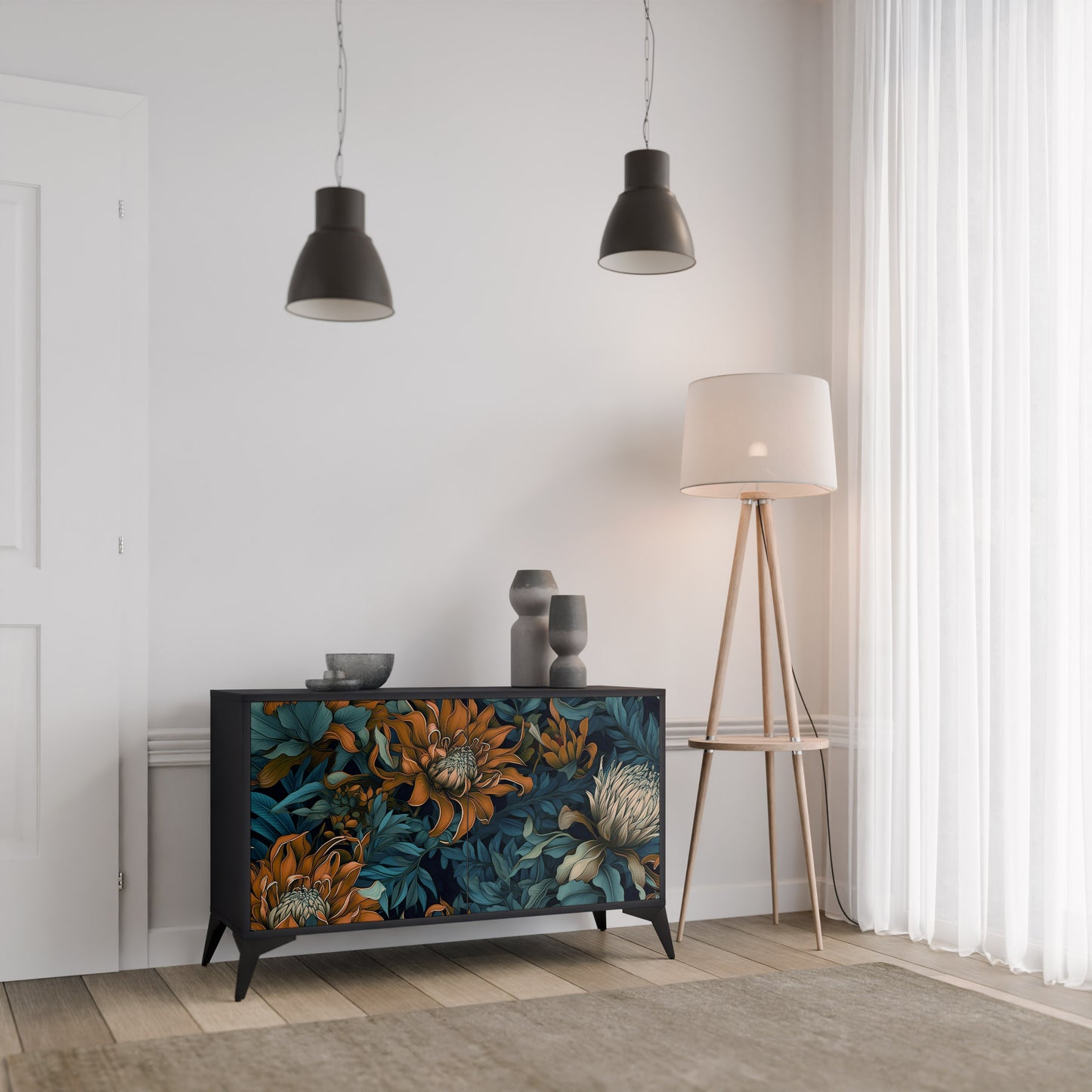 MORNING BLOOM 2-Door Sideboard in Black Finish