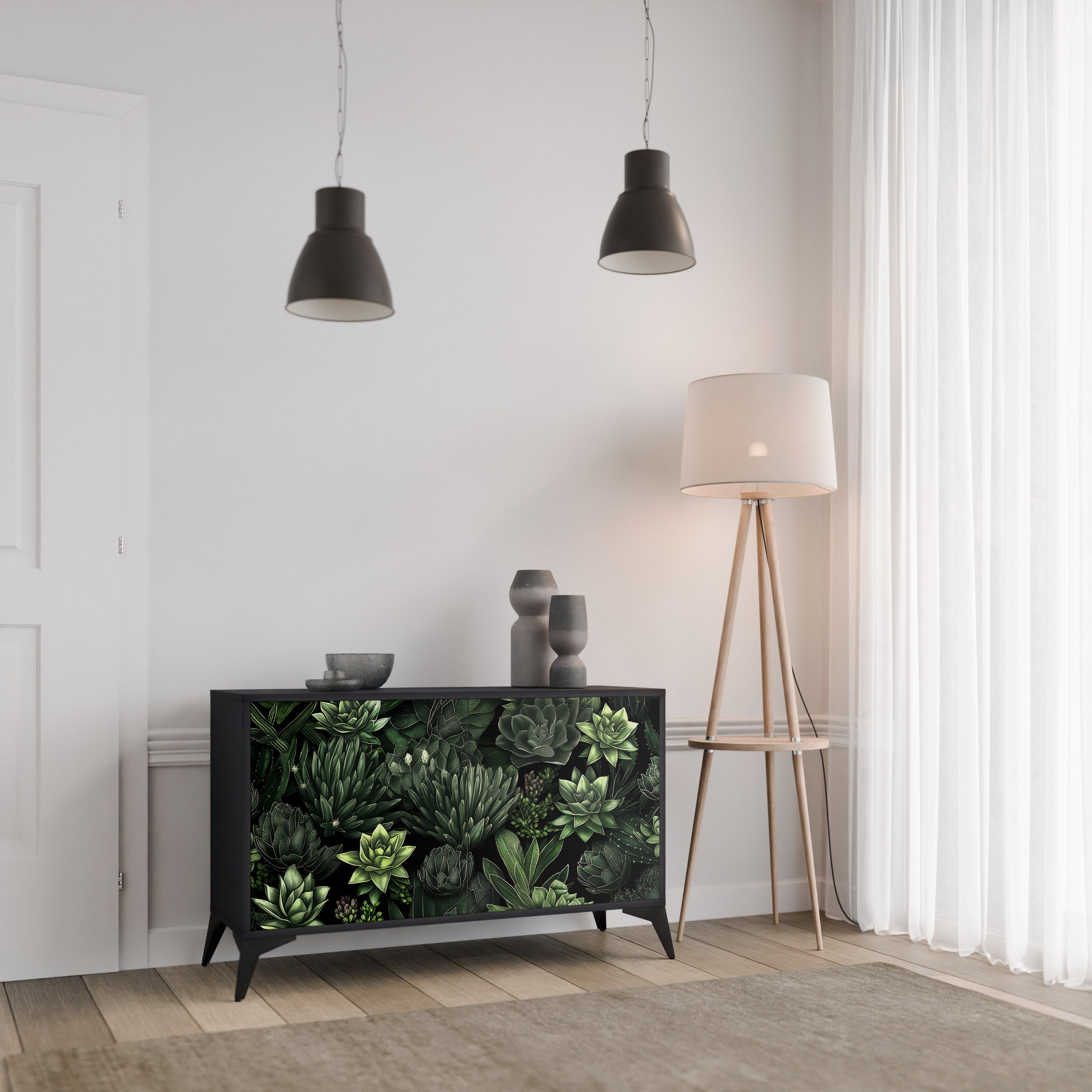 SUCCULENT JUNGLE 2-dörrars skänk i svart finish