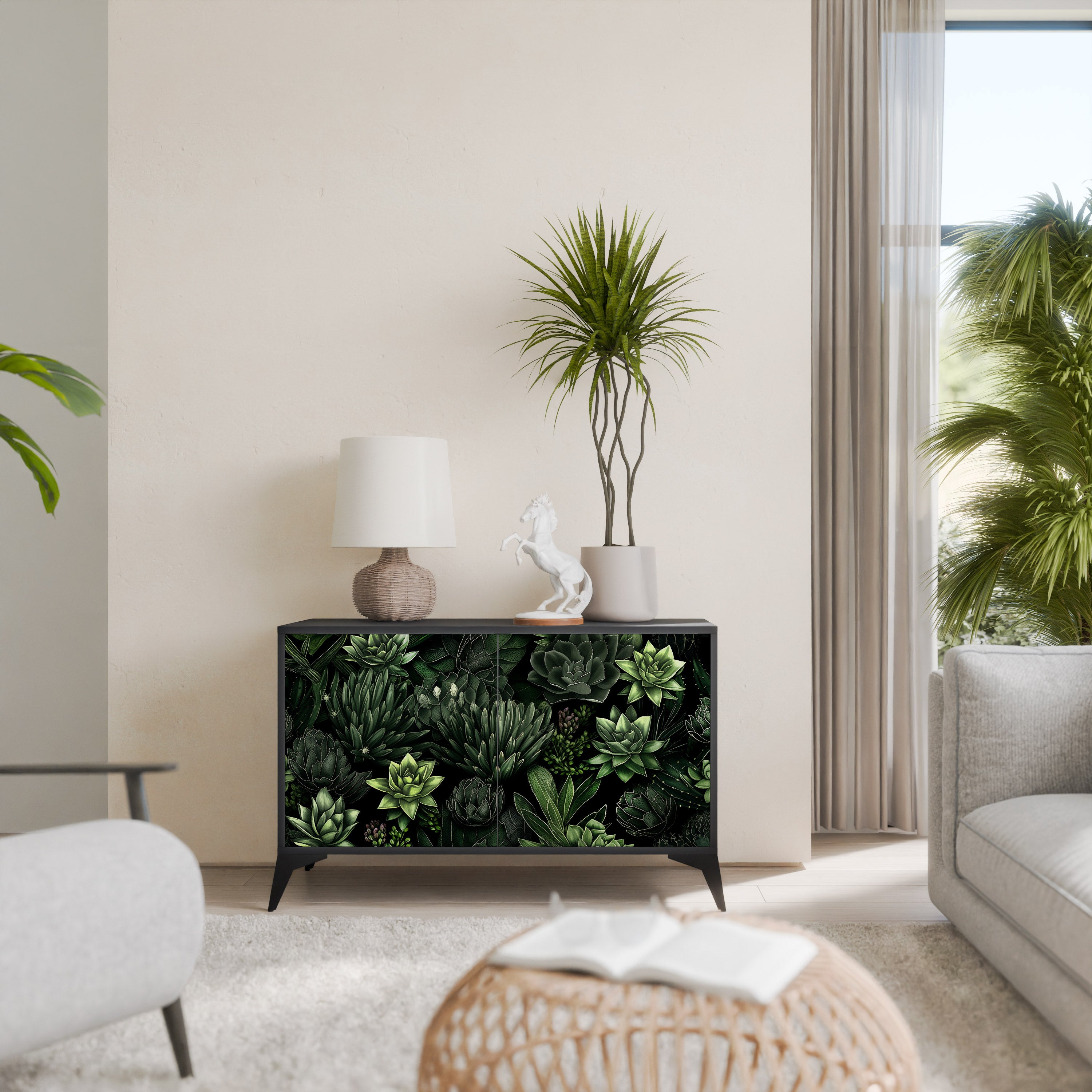 SUCCULENT JUNGLE 2-dörrars skänk i svart finish
