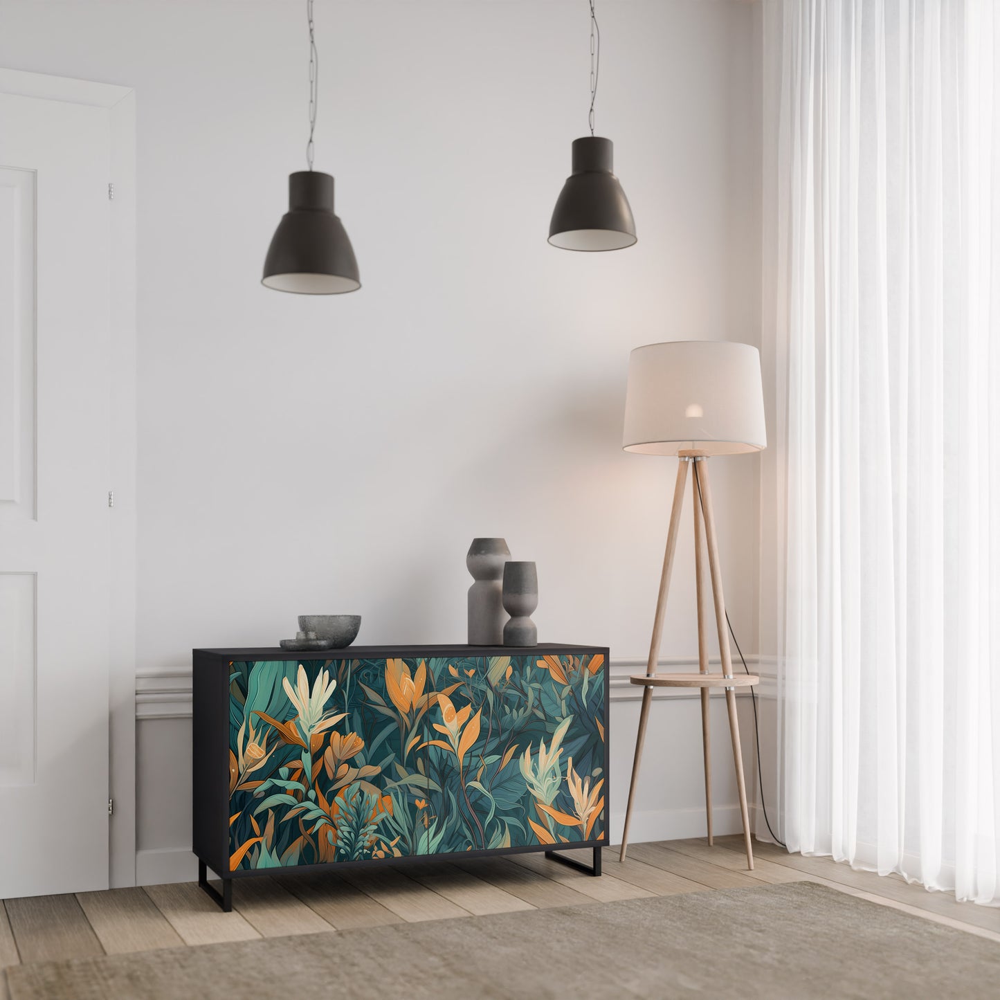 FLORAL SERENITY 2-Door Sideboard in Black Finish