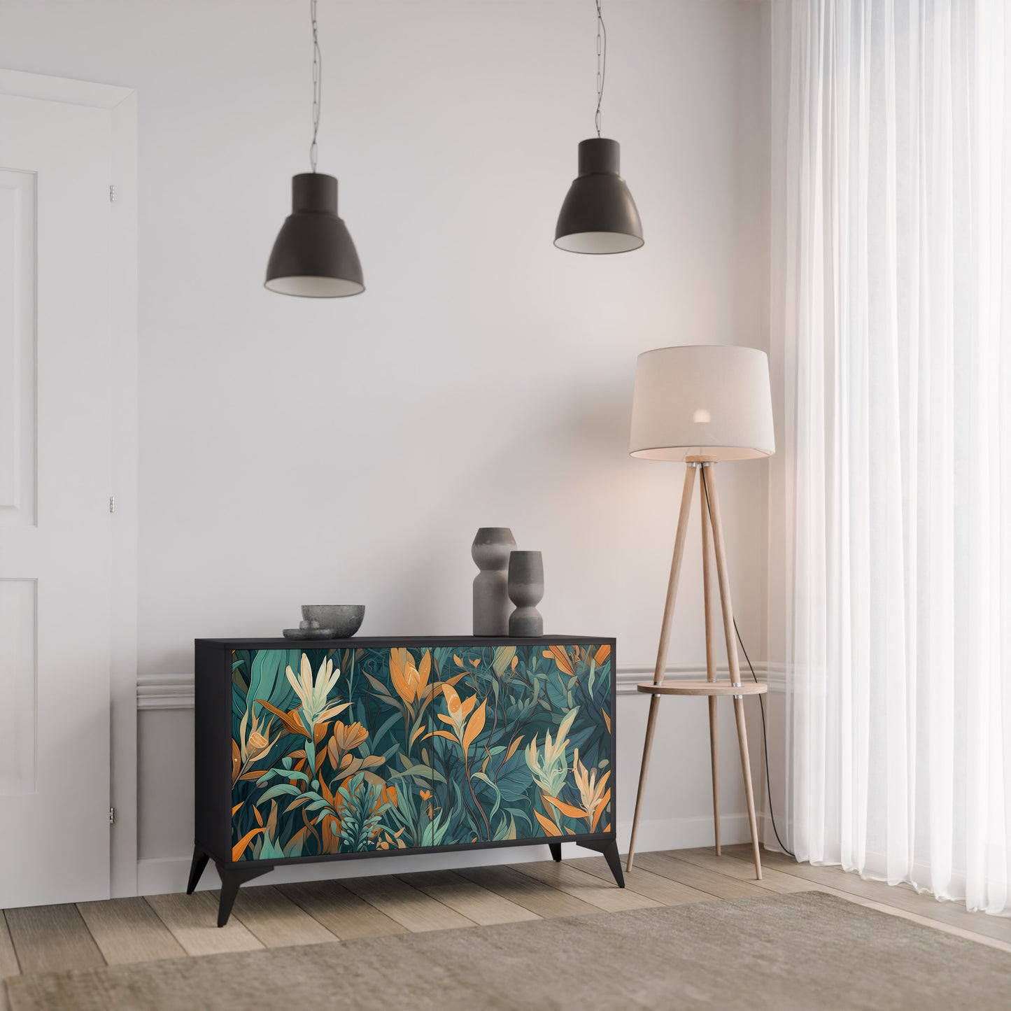 FLORAL SERENITY 2-Door Sideboard in Black Finish