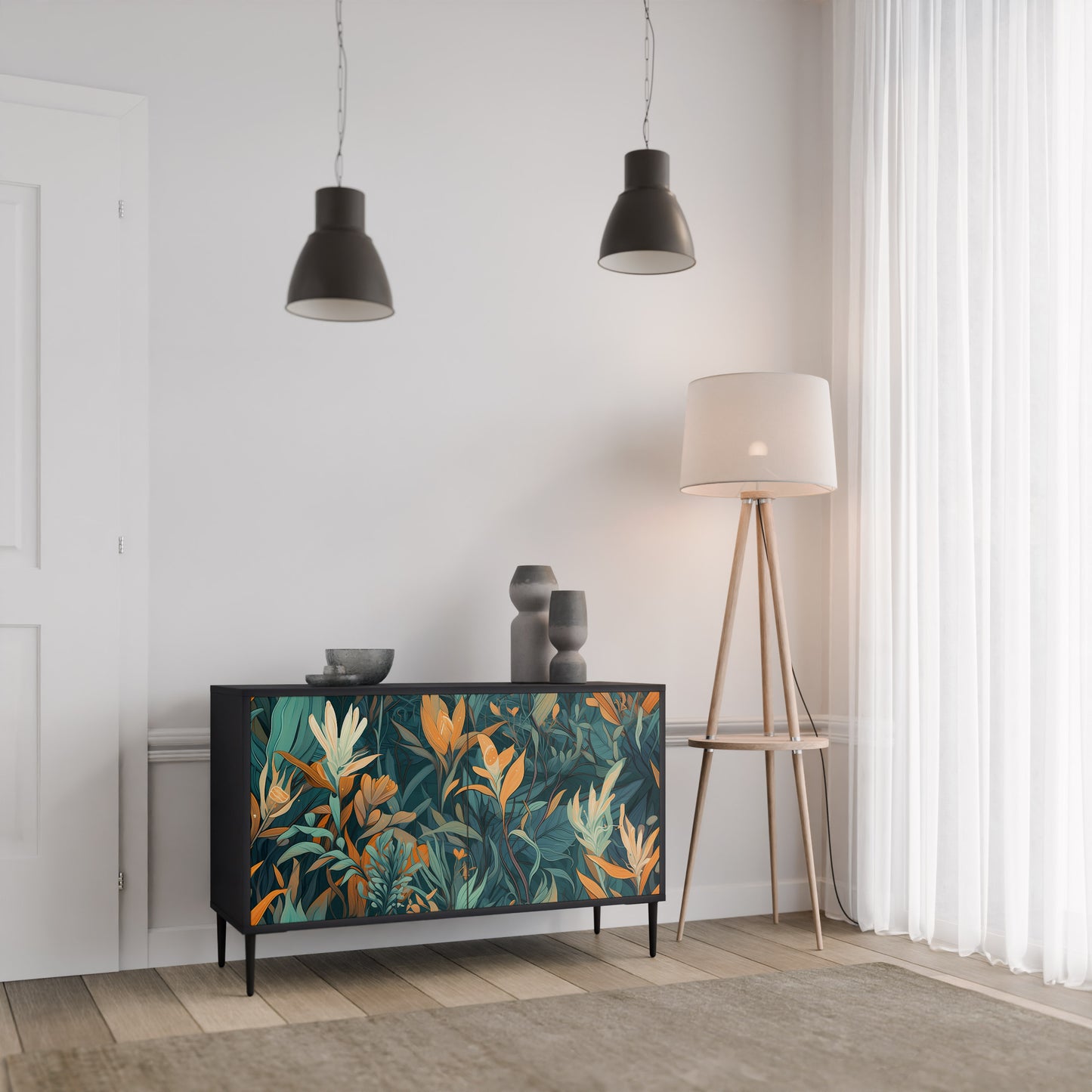 FLORAL SERENITY 2-Door Sideboard in Black Finish